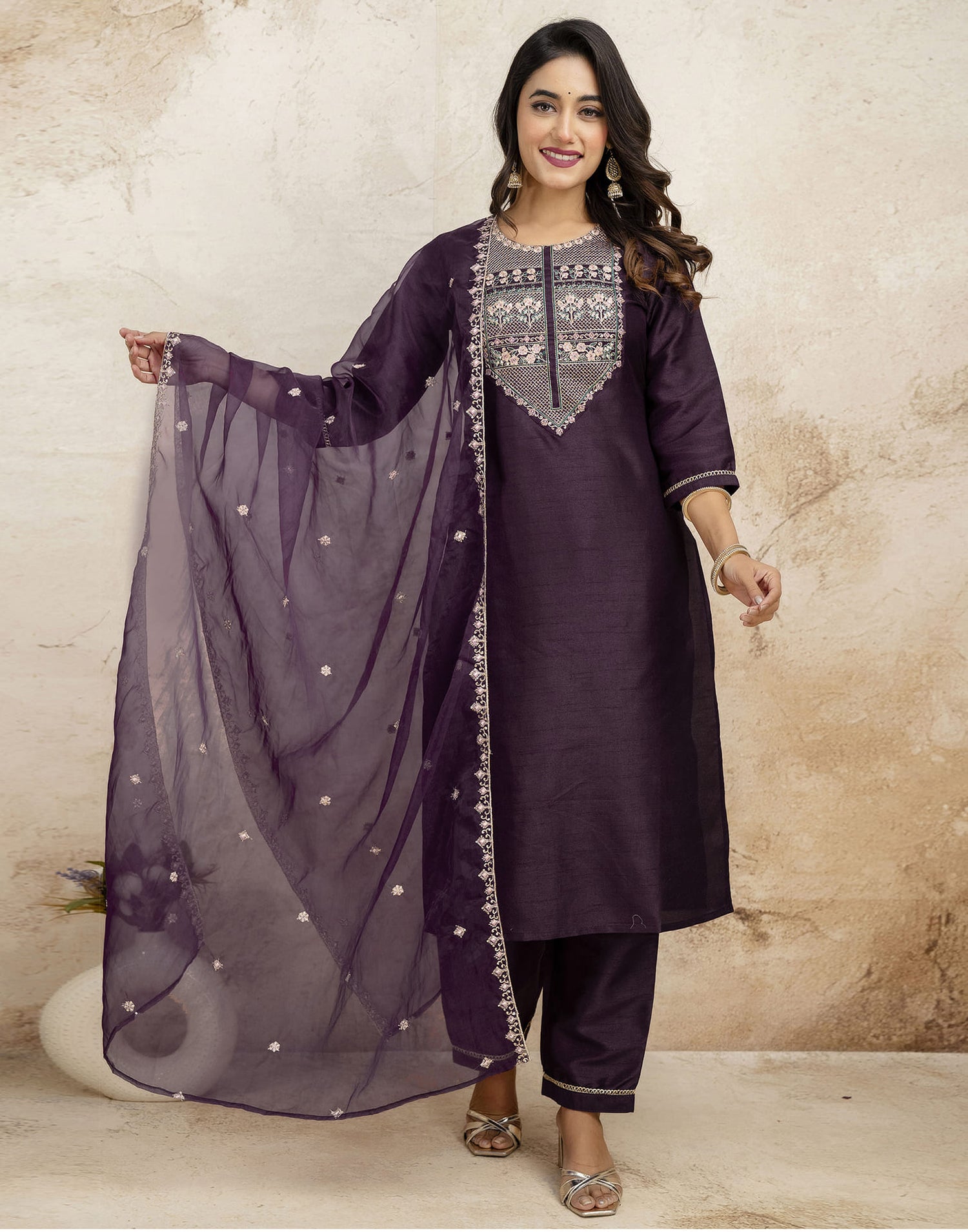 Wine Silk Sequence Straight Kurta Set With Dupatta