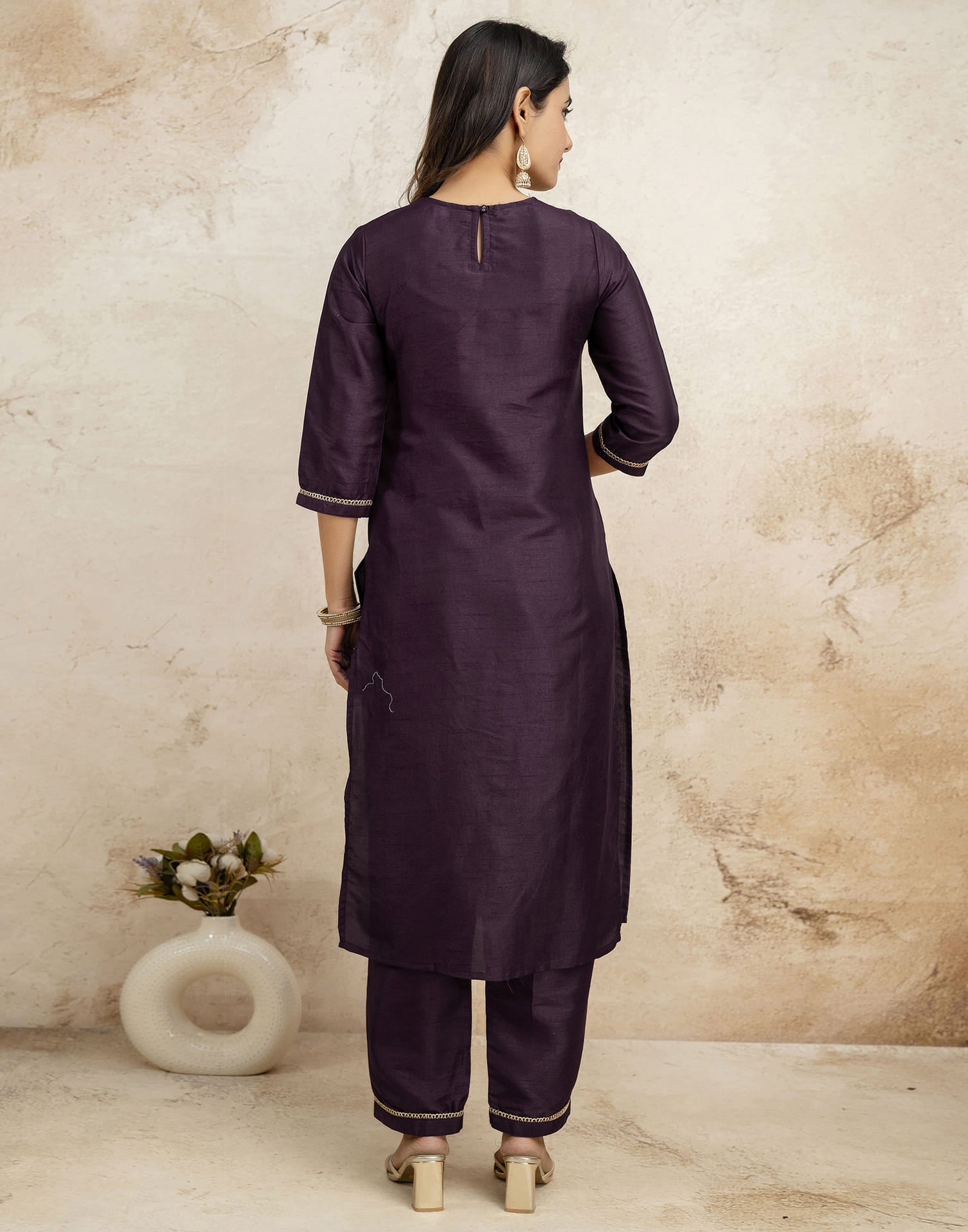 Wine Silk Sequence Straight Kurta Set With Dupatta