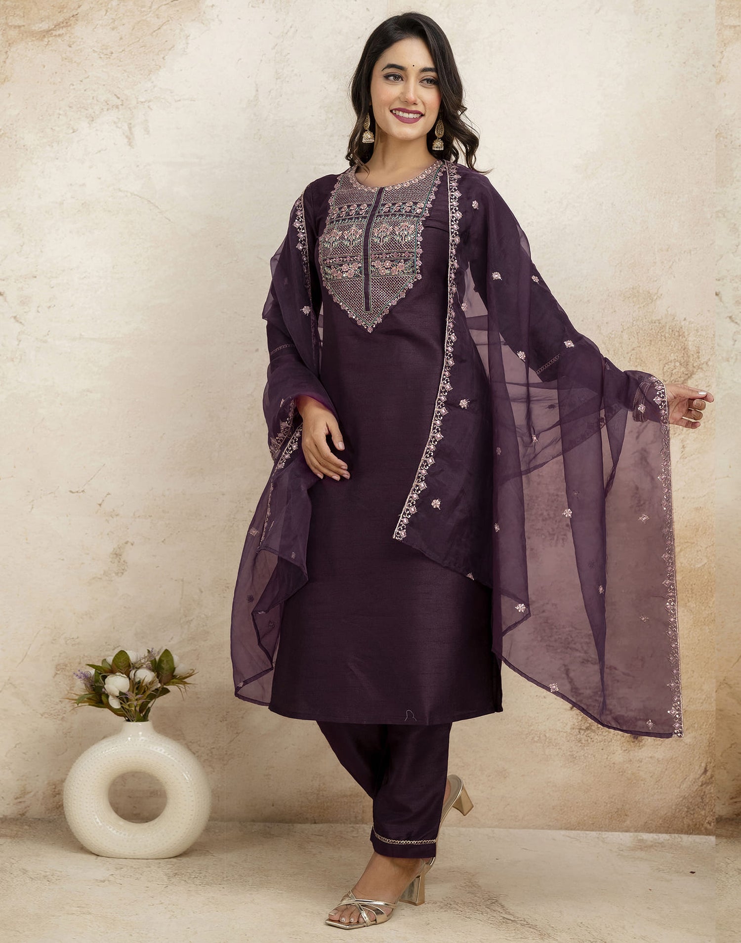 Wine Silk Sequence Straight Kurta Set With Dupatta