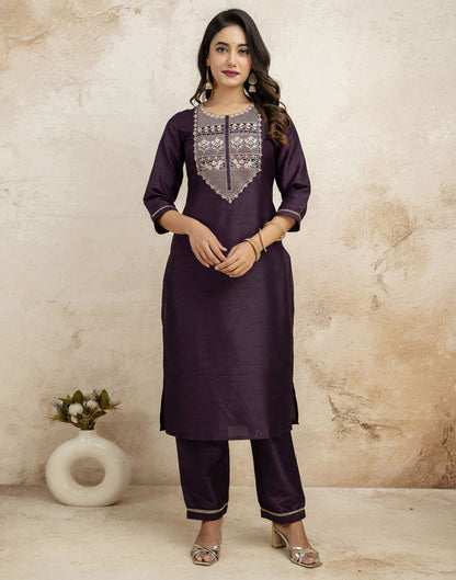 Wine Silk Sequence Straight Kurta Set With Dupatta