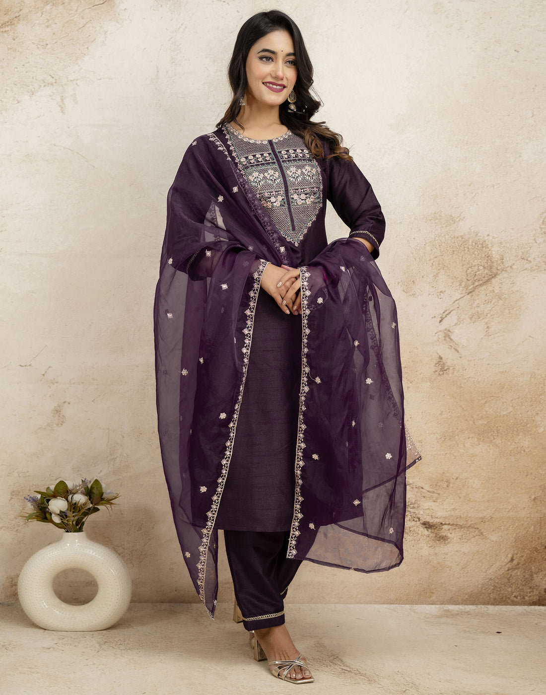 Wine Silk Sequence Straight Kurta Set With Dupatta