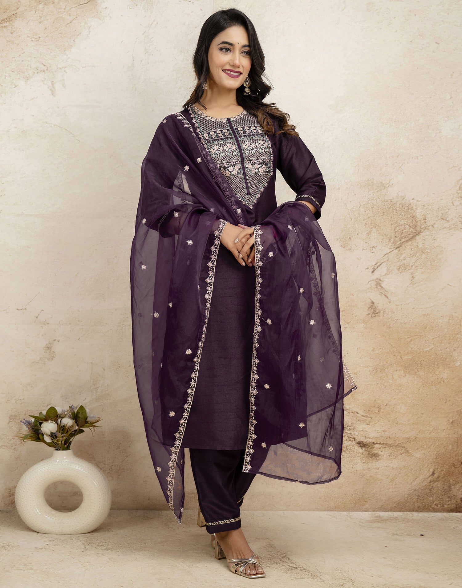 Wine Silk Sequence Straight Kurta Set With Dupatta