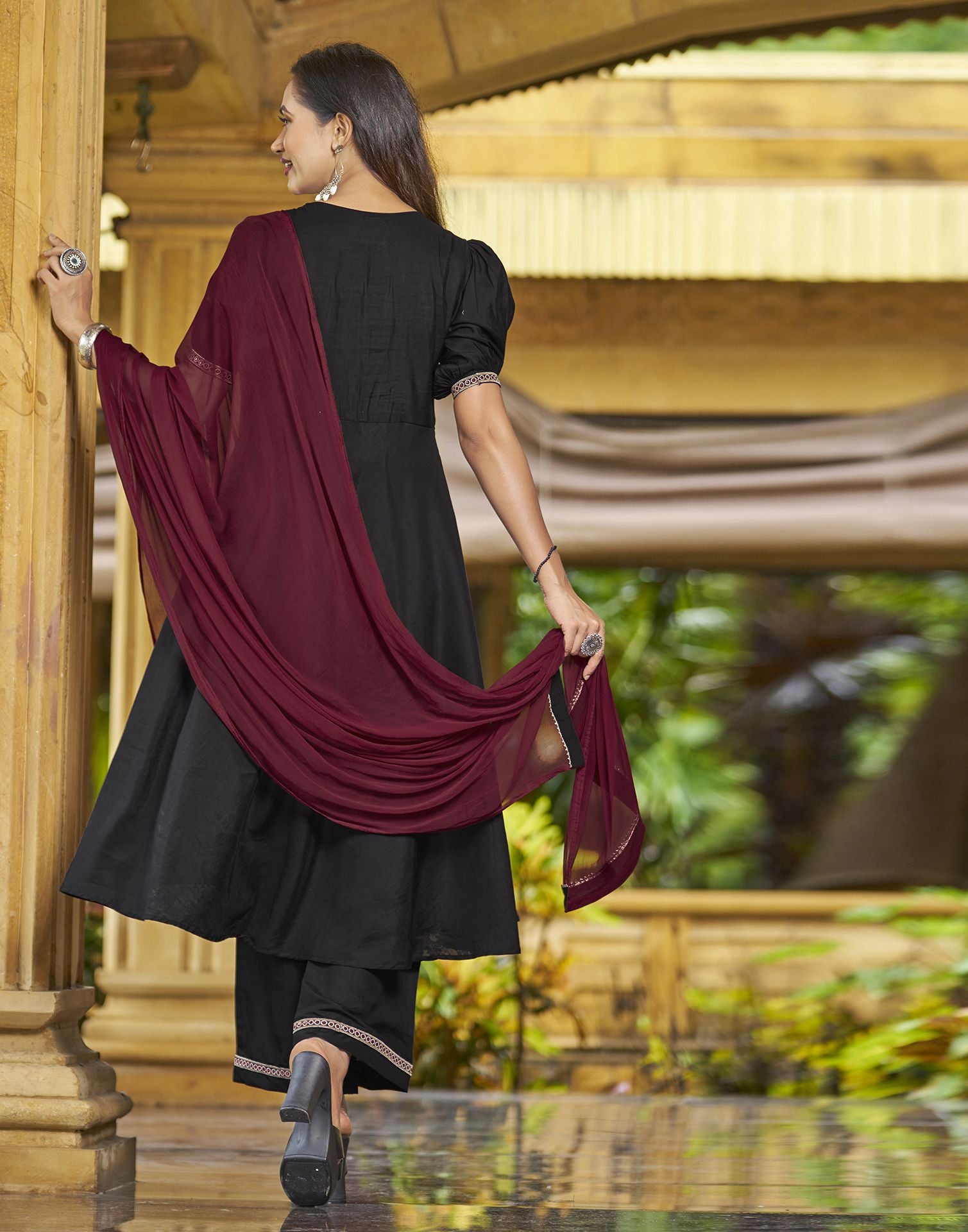 Black Embroidery Silk A-Line Kurta With Pant And Dupatta