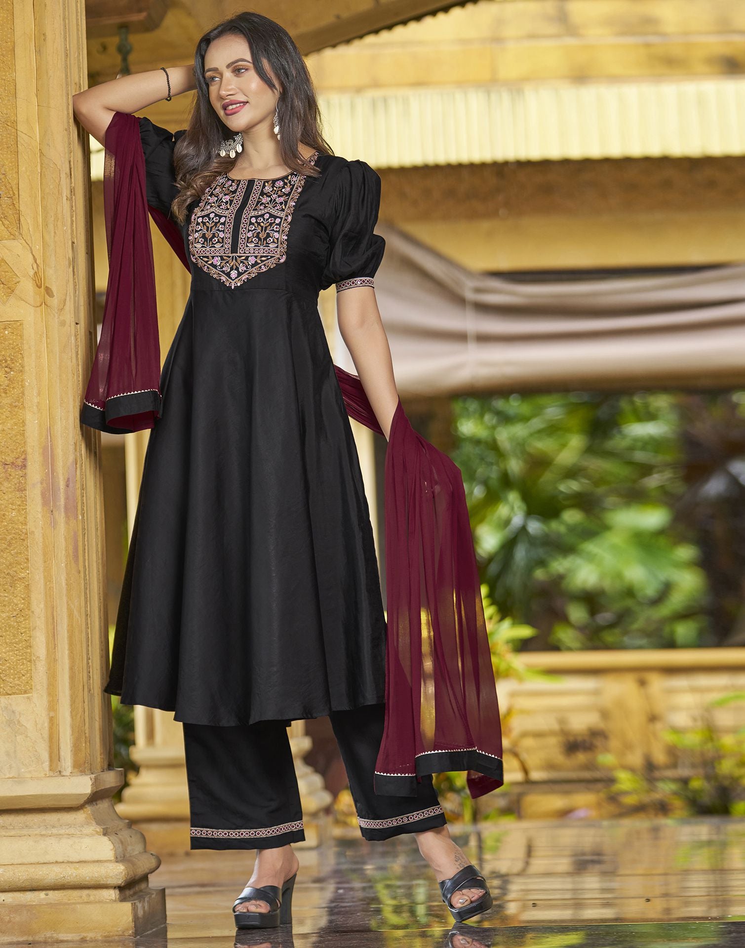 Black Embroidery Silk A-Line Kurta With Pant And Dupatta