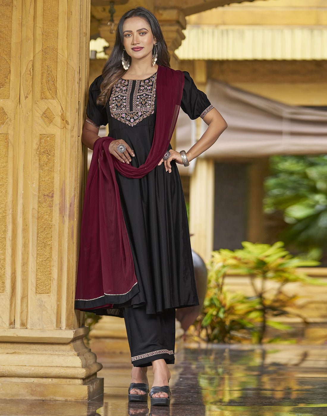 Black Embroidery Silk A-Line Kurta With Pant And Dupatta