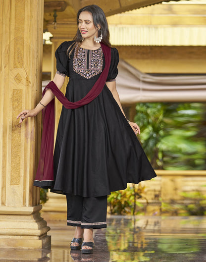 Black Embroidery Silk A-Line Kurta With Pant And Dupatta