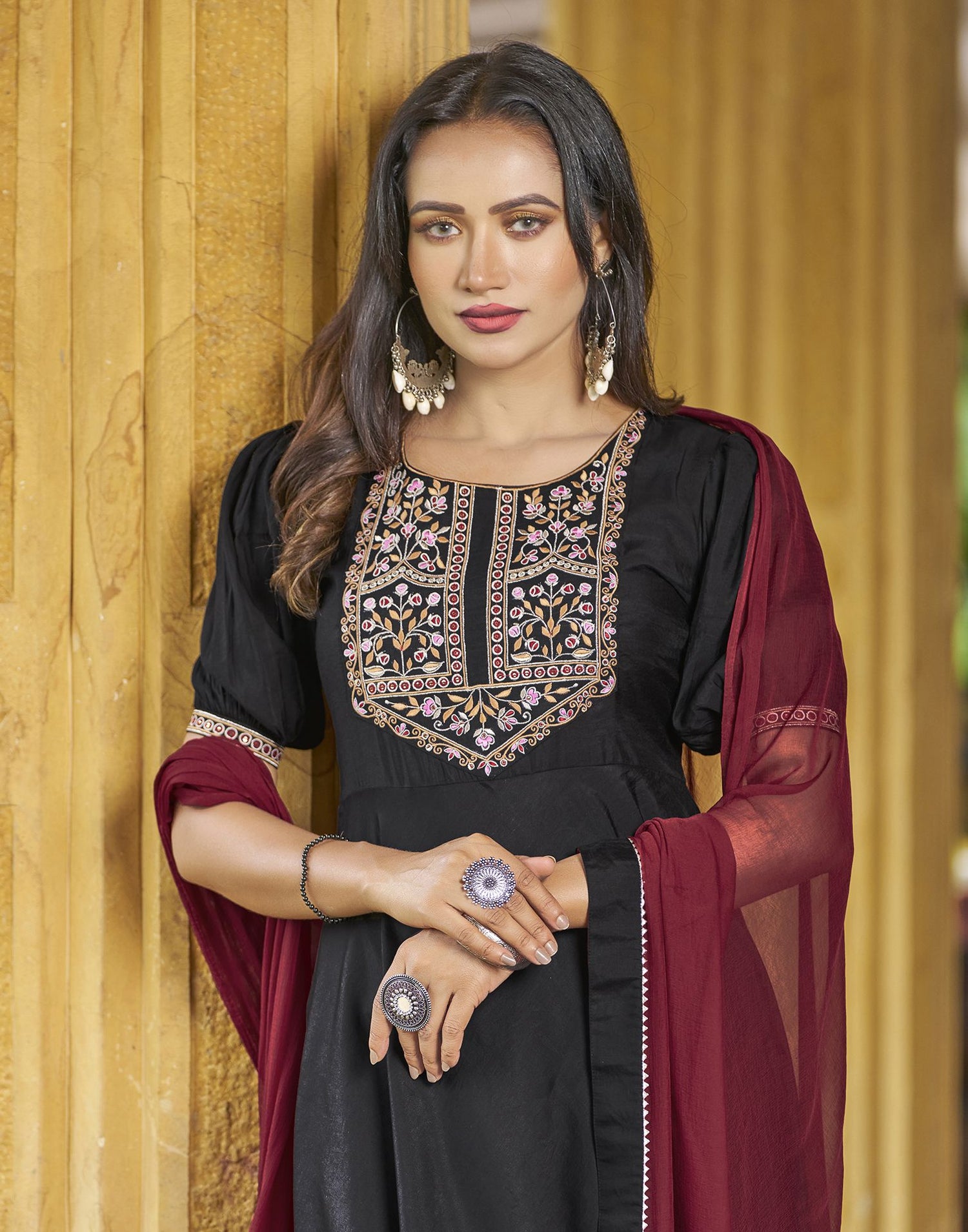 Black Embroidery Silk A-Line Kurta With Pant And Dupatta