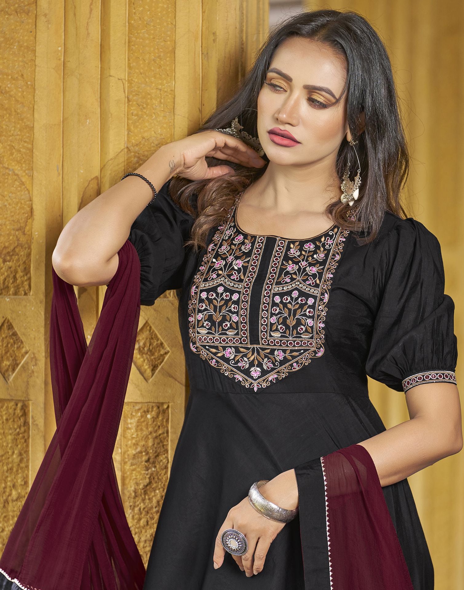 Black Embroidery Silk A-Line Kurta With Pant And Dupatta