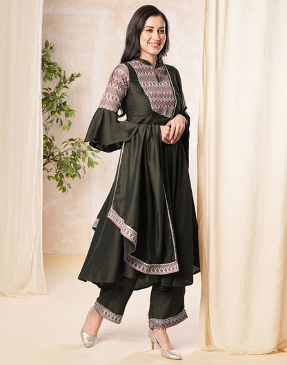 Dark Olive Green Plain Muslin Flared Kurta Set with Dupatta