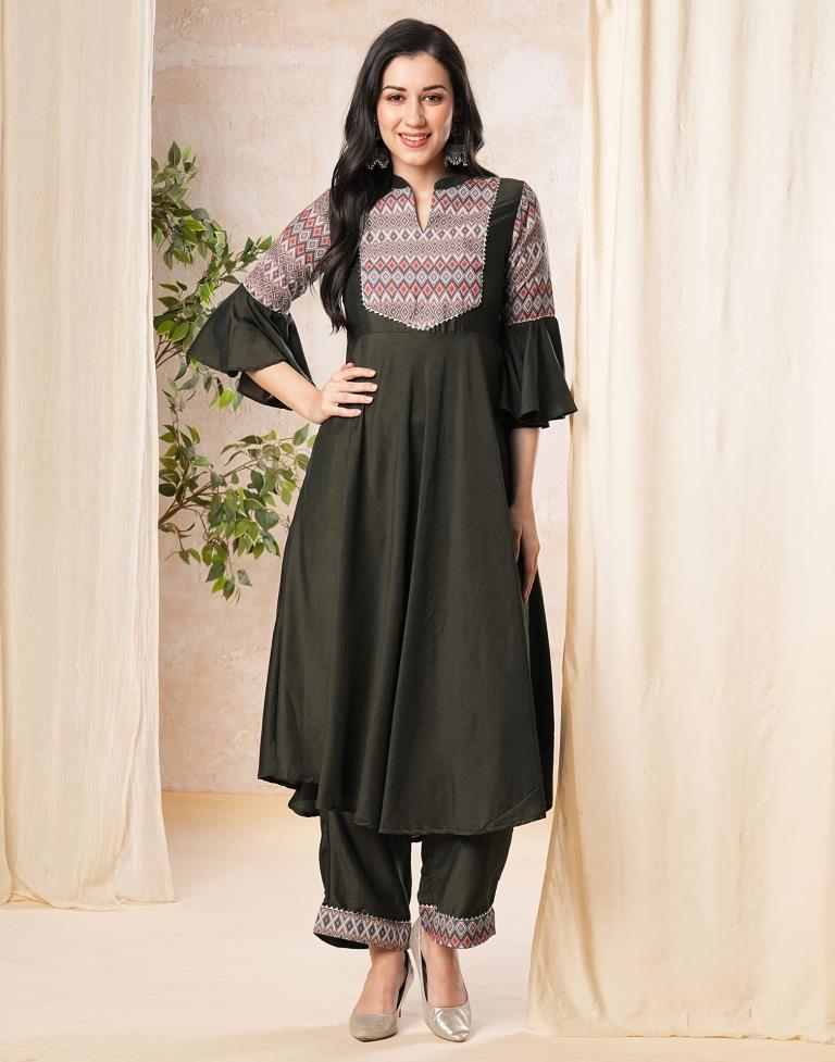 Dark Olive Green Plain Muslin Flared Kurta Set with Dupatta