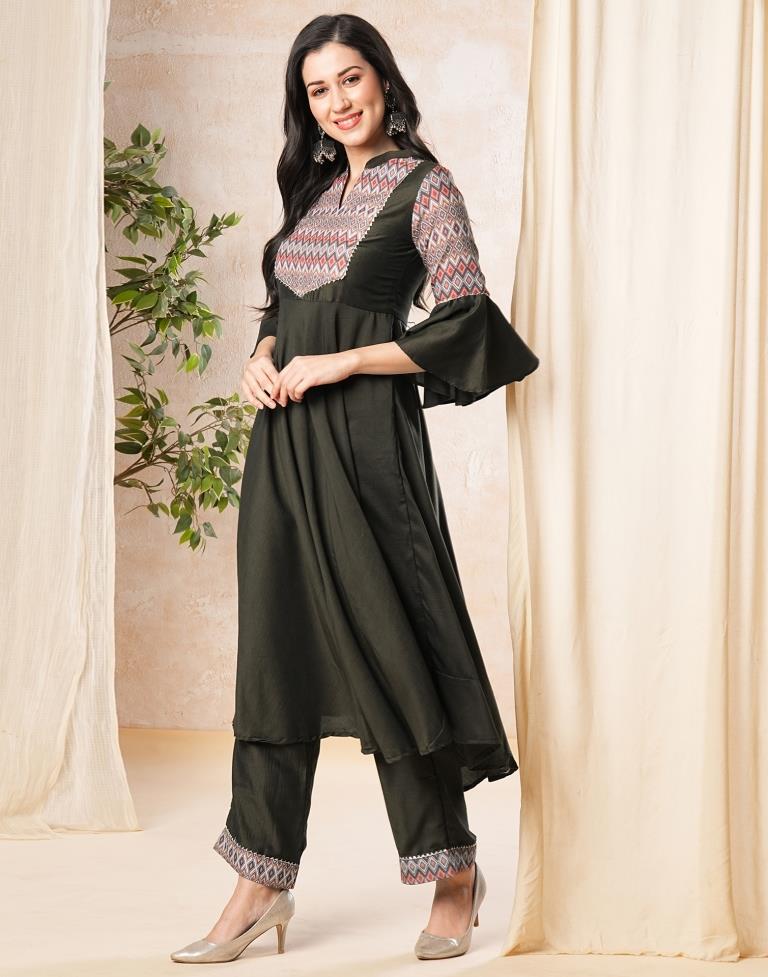 Dark Olive Green Plain Muslin Flared Kurta Set with Dupatta