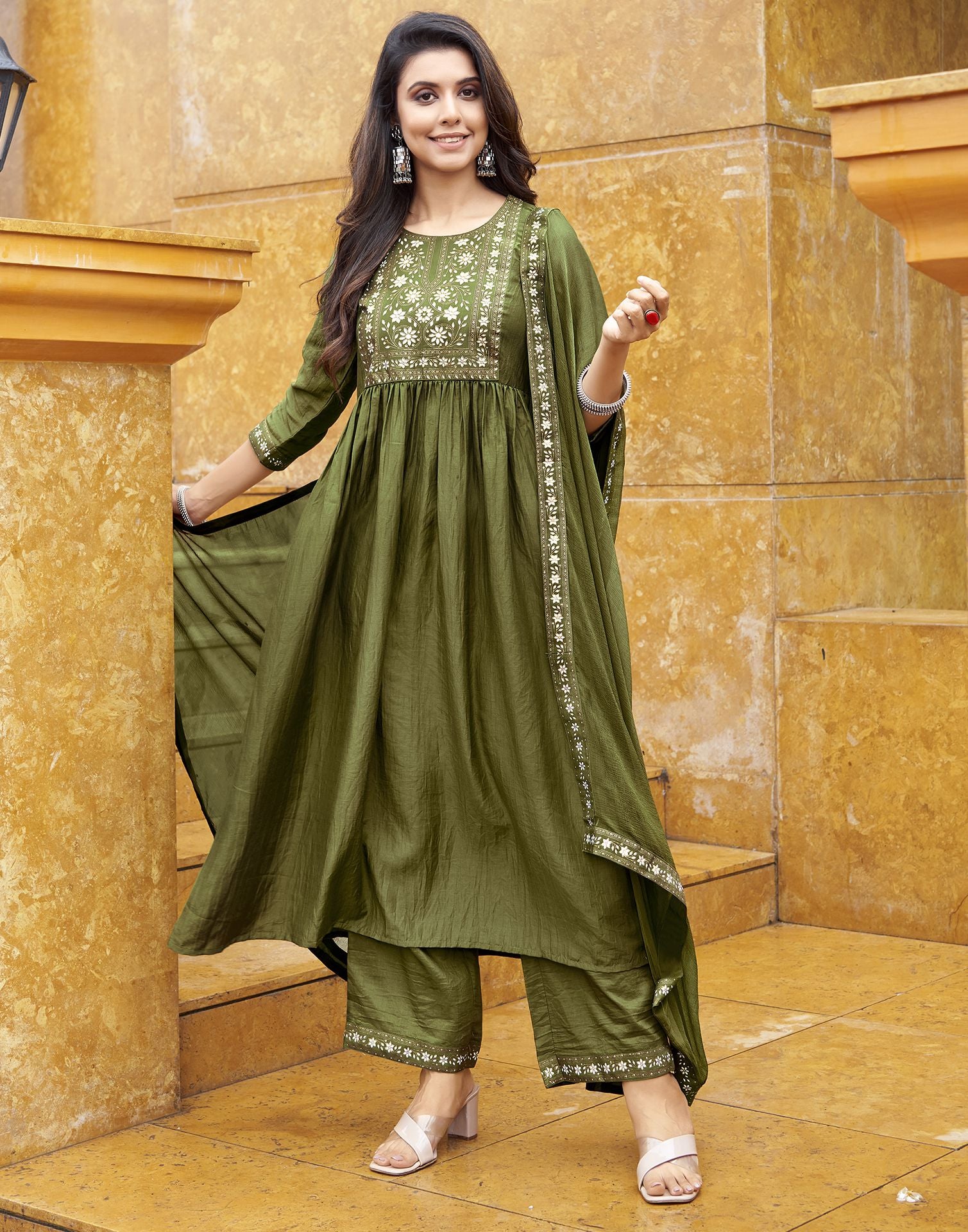 Mehandi Green Printed Muslin A-Line Kurta With Pant And Dupatta