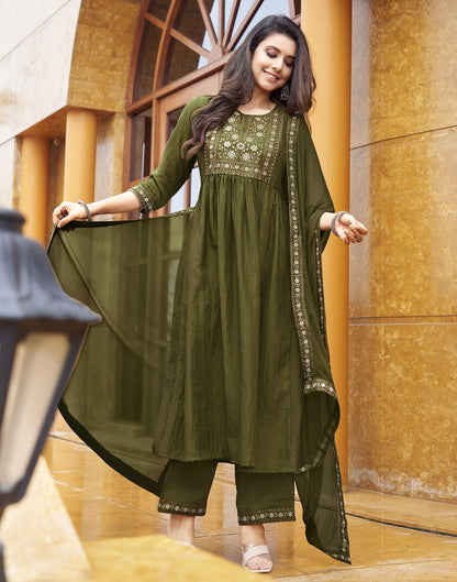 Mehandi Green Printed Muslin A-Line Kurta With Pant And Dupatta