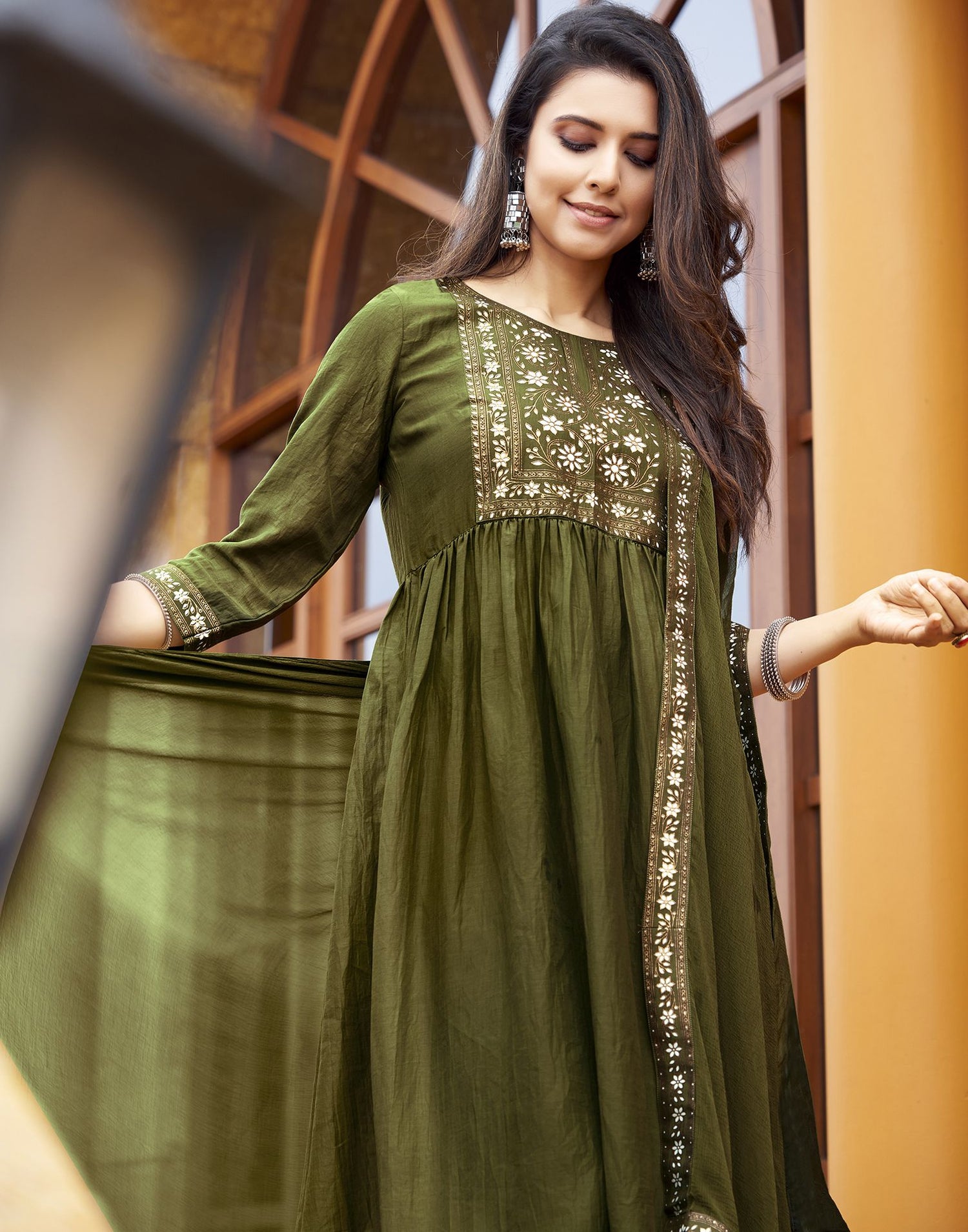 Mehandi Green Printed Muslin A-Line Kurta With Pant And Dupatta