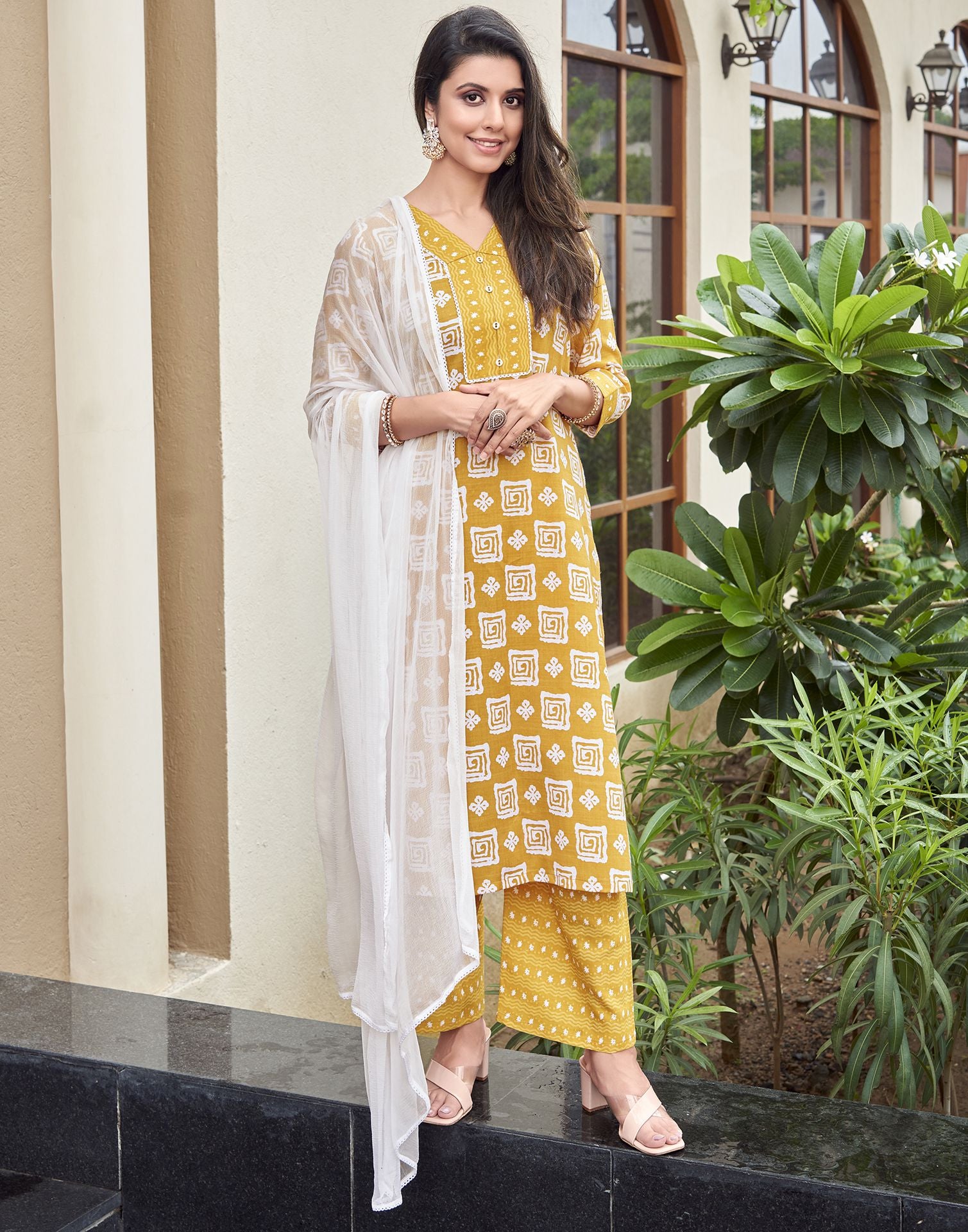 Turmeric Printed Cotton Straight Kurta With Pant And Dupatta