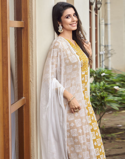 Turmeric Printed Cotton Straight Kurta With Pant And Dupatta