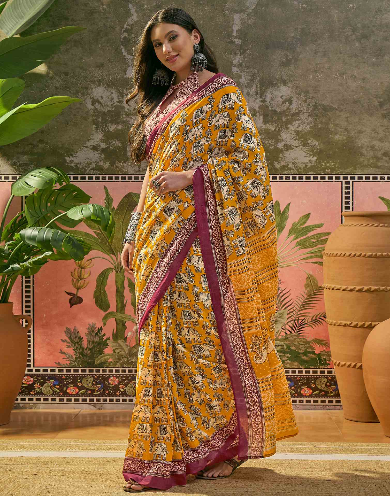 Ready To Wear Yellow Cotton Printed Saree