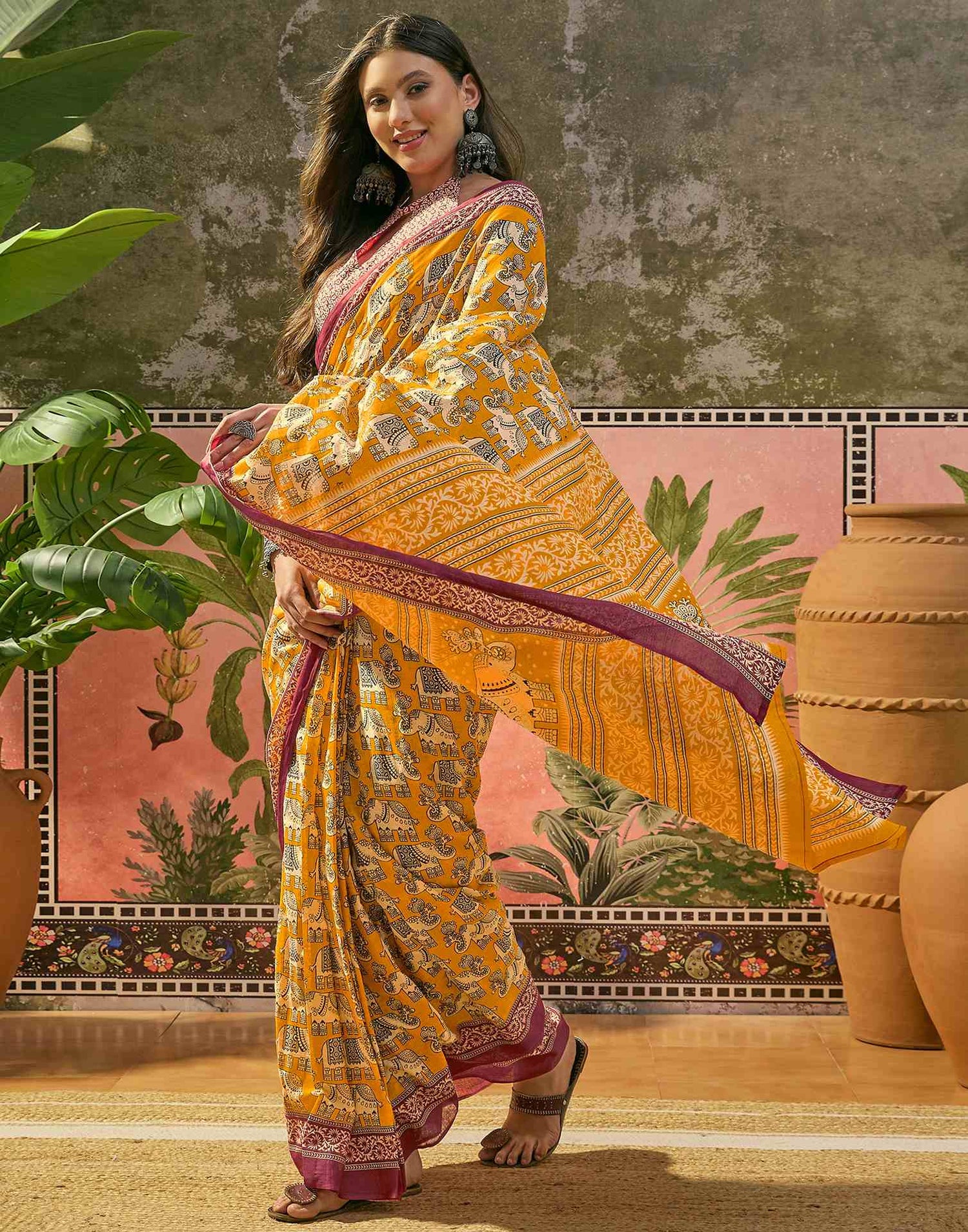 Ready To Wear Yellow Cotton Printed Saree