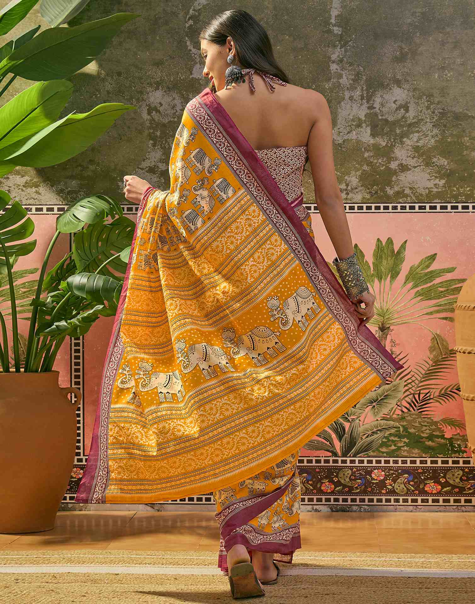 Ready To Wear Yellow Cotton Printed Saree