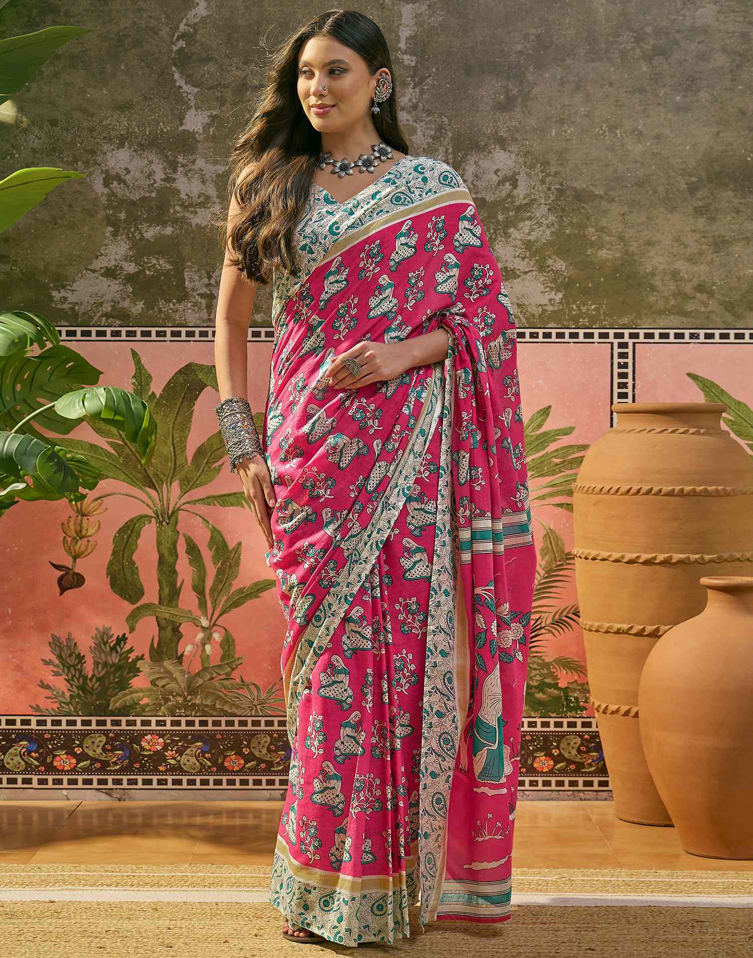 Ready To Wear Pink Cotton Printed Saree