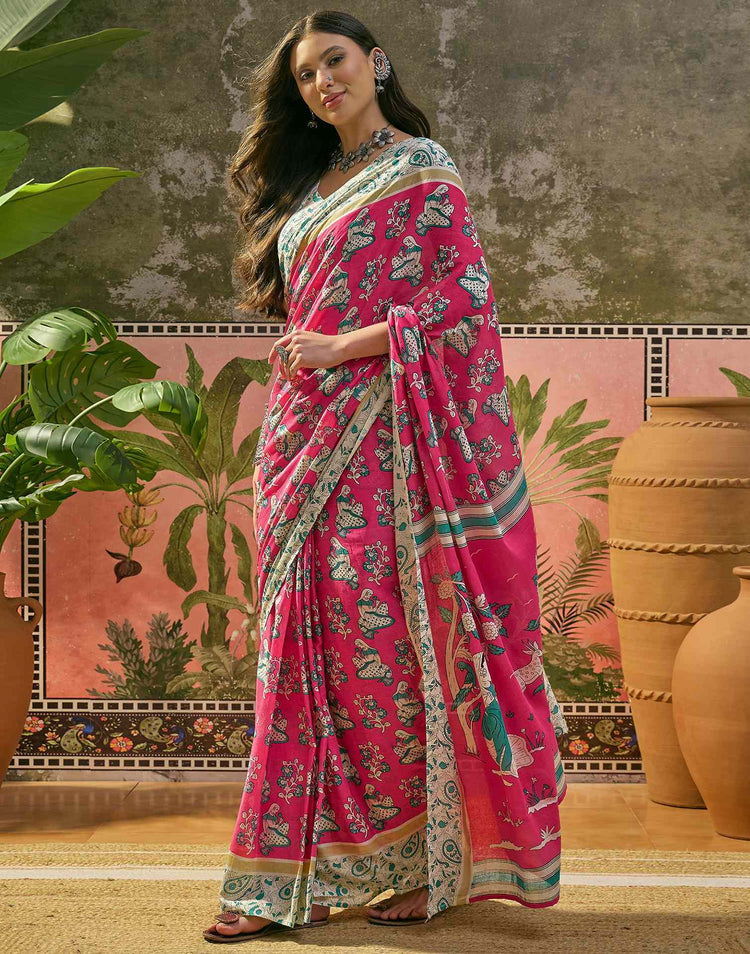 Ready To Wear Pink Cotton Printed Saree