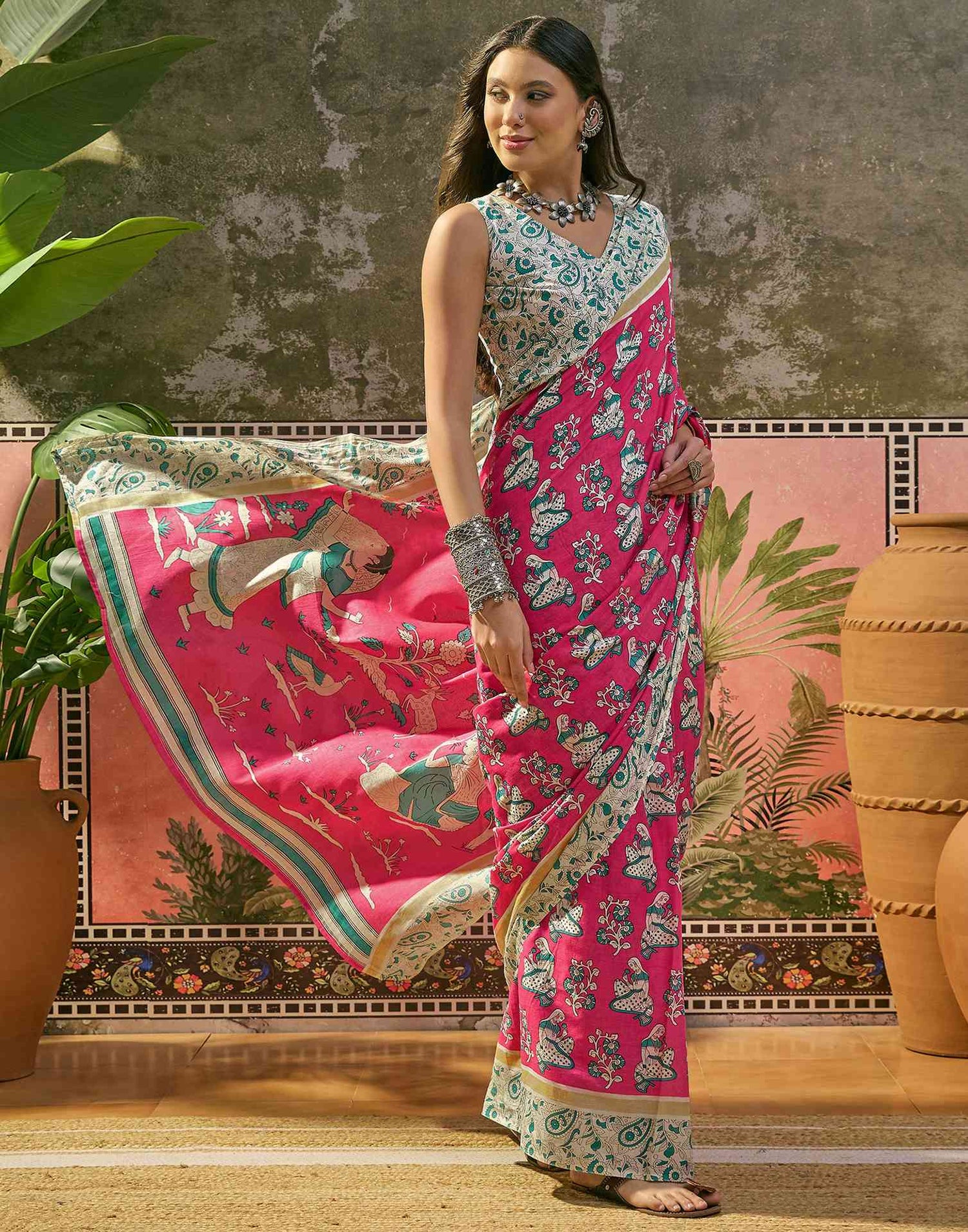 Ready To Wear Pink Cotton Printed Saree