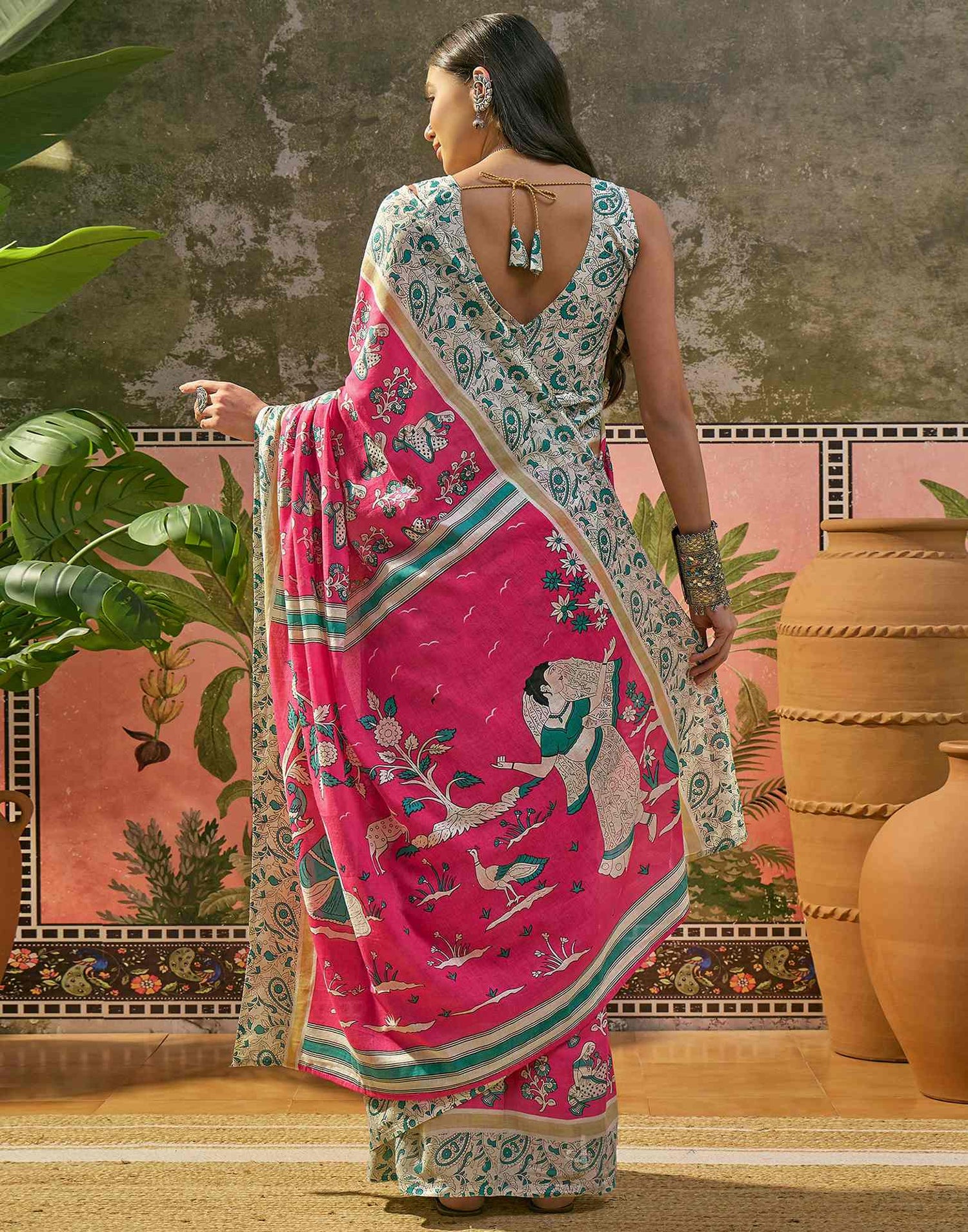 Ready To Wear Pink Cotton Printed Saree