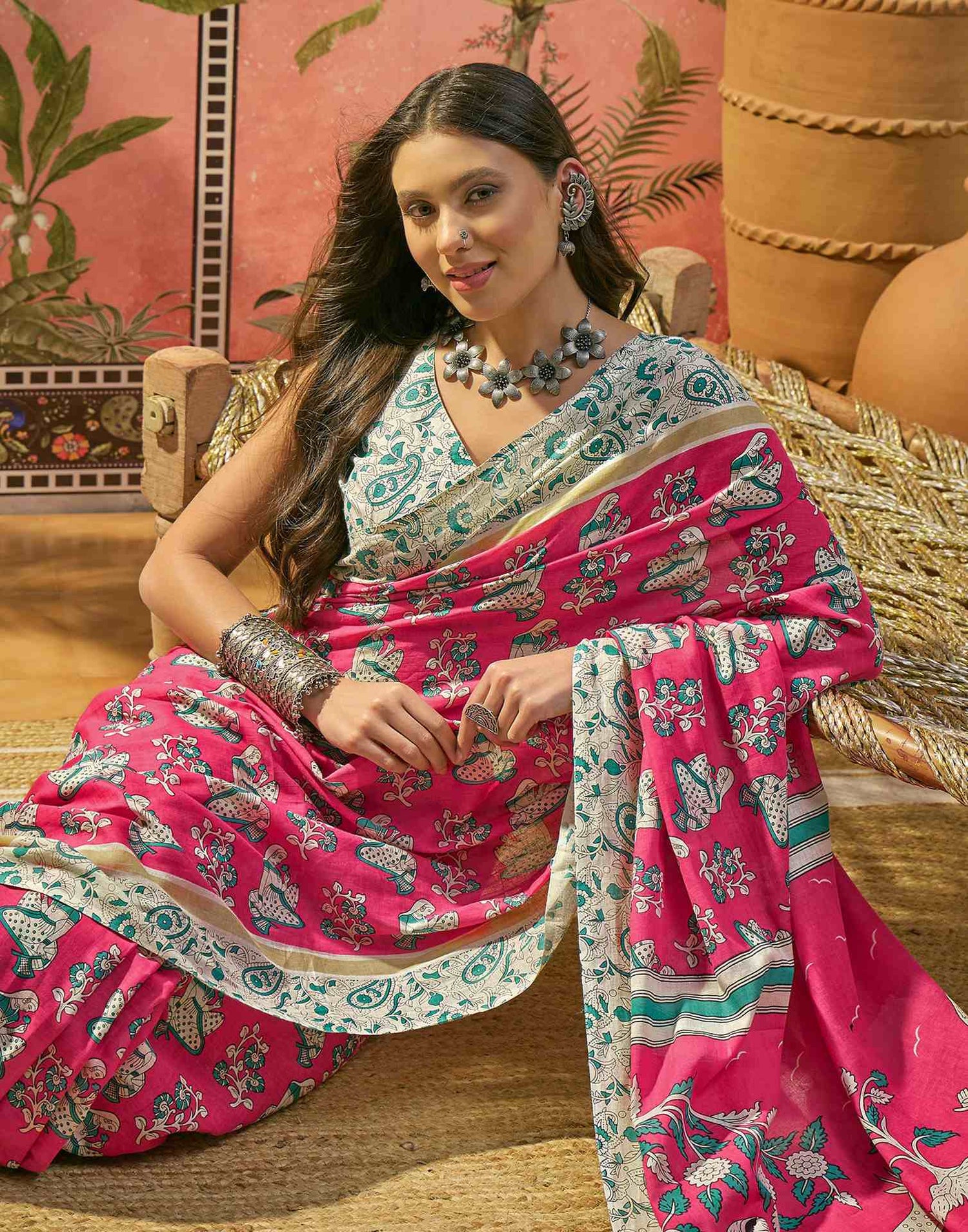 Ready To Wear Pink Cotton Printed Saree