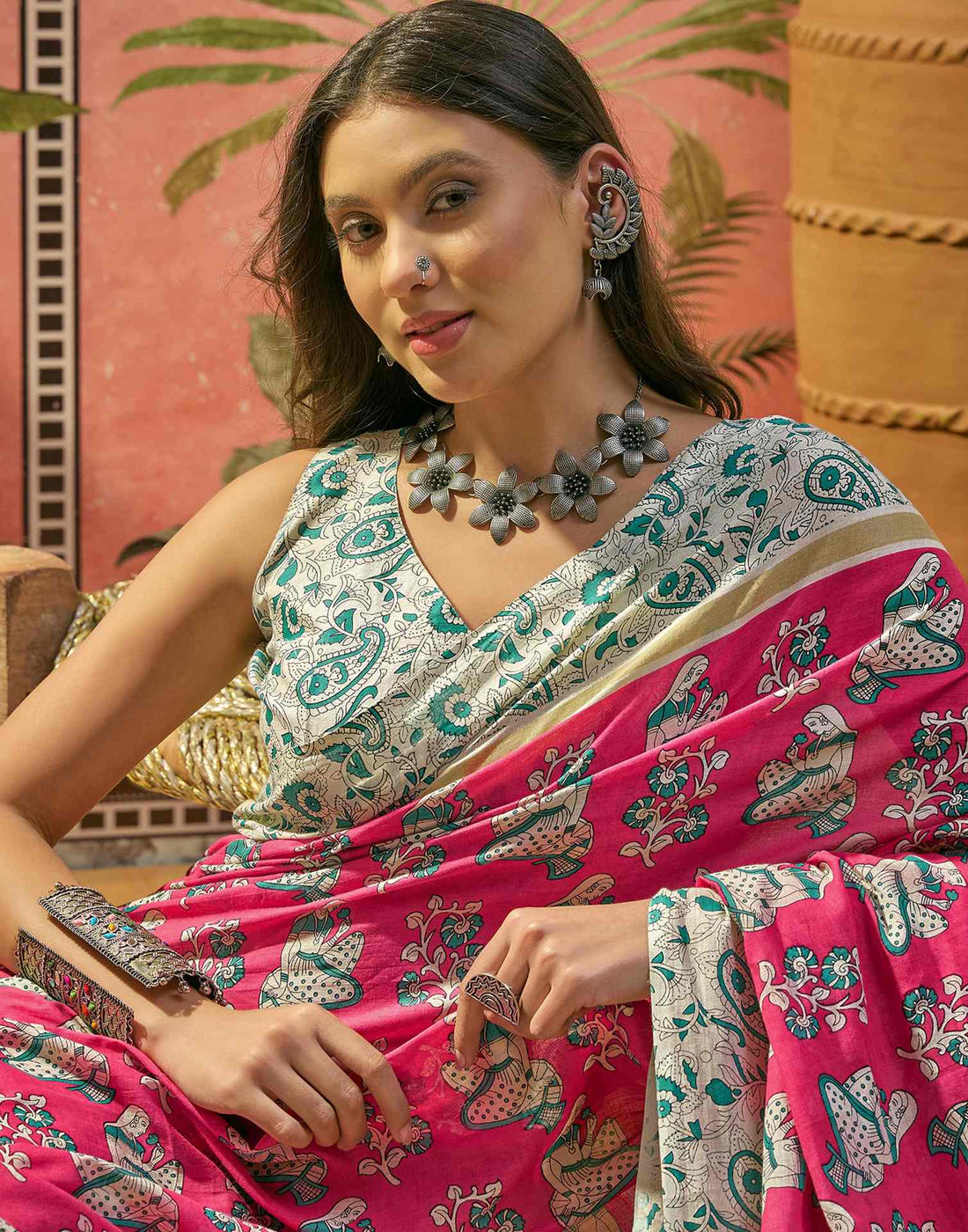 Ready To Wear Pink Cotton Printed Saree