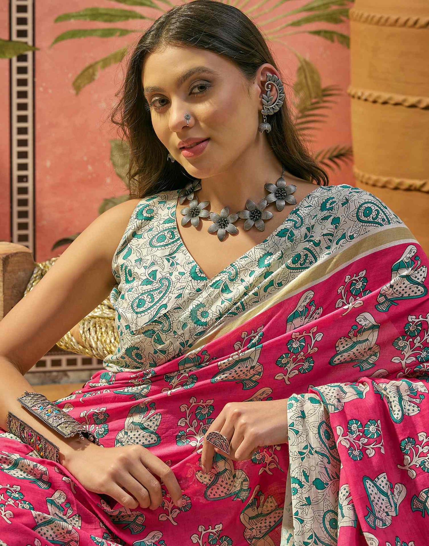 Ready To Wear Pink Cotton Printed Saree