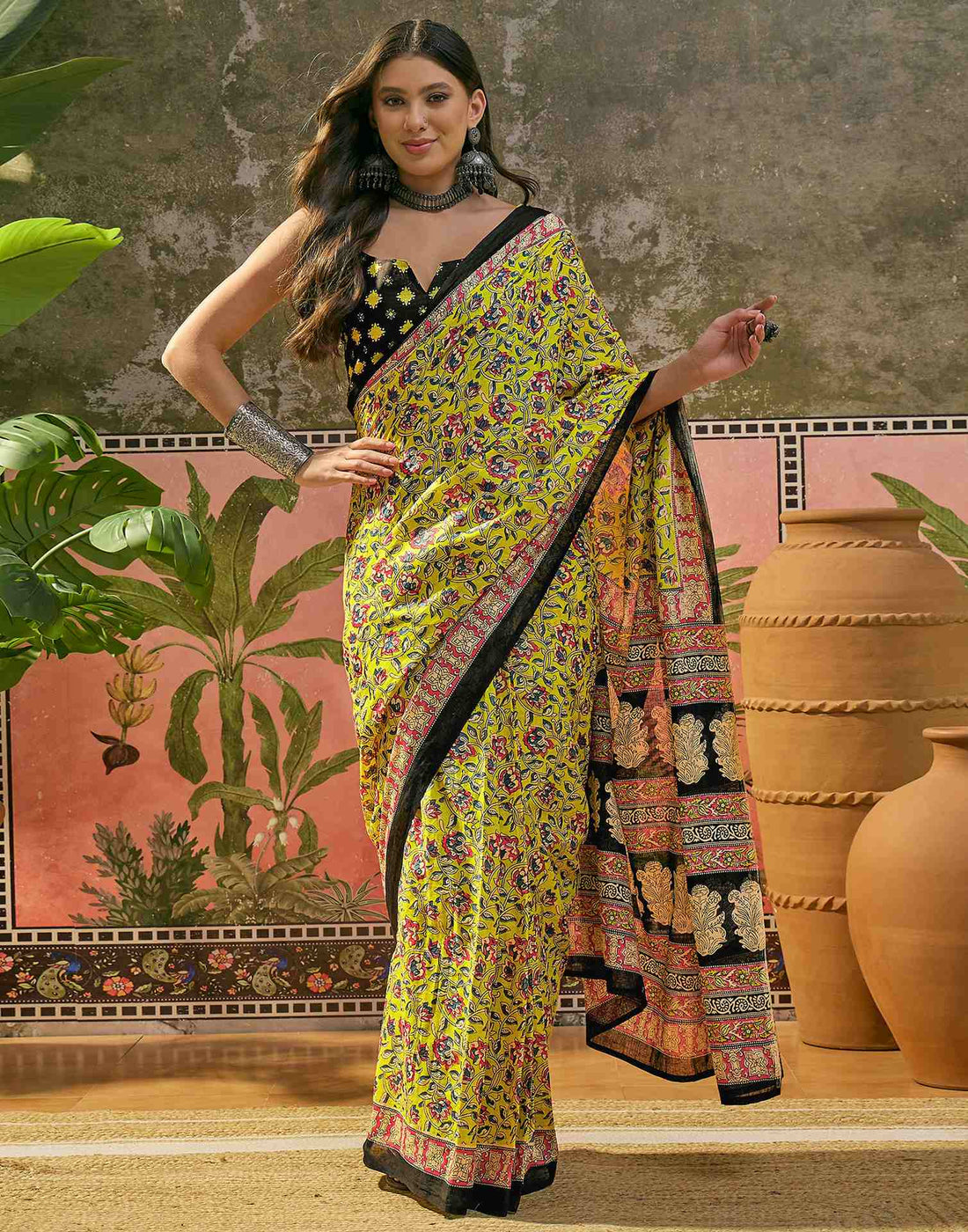 Ready To Wear Lime Yellow Cotton Printed Saree
