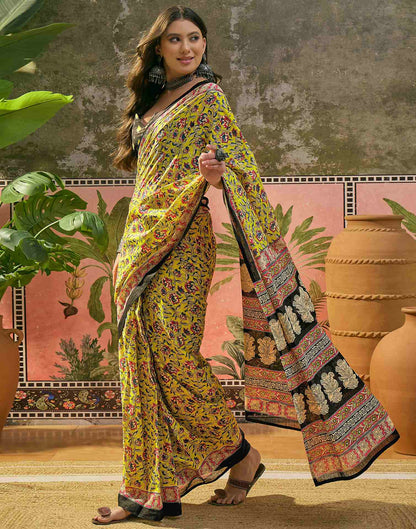 Ready To Wear Lime Yellow Cotton Printed Saree