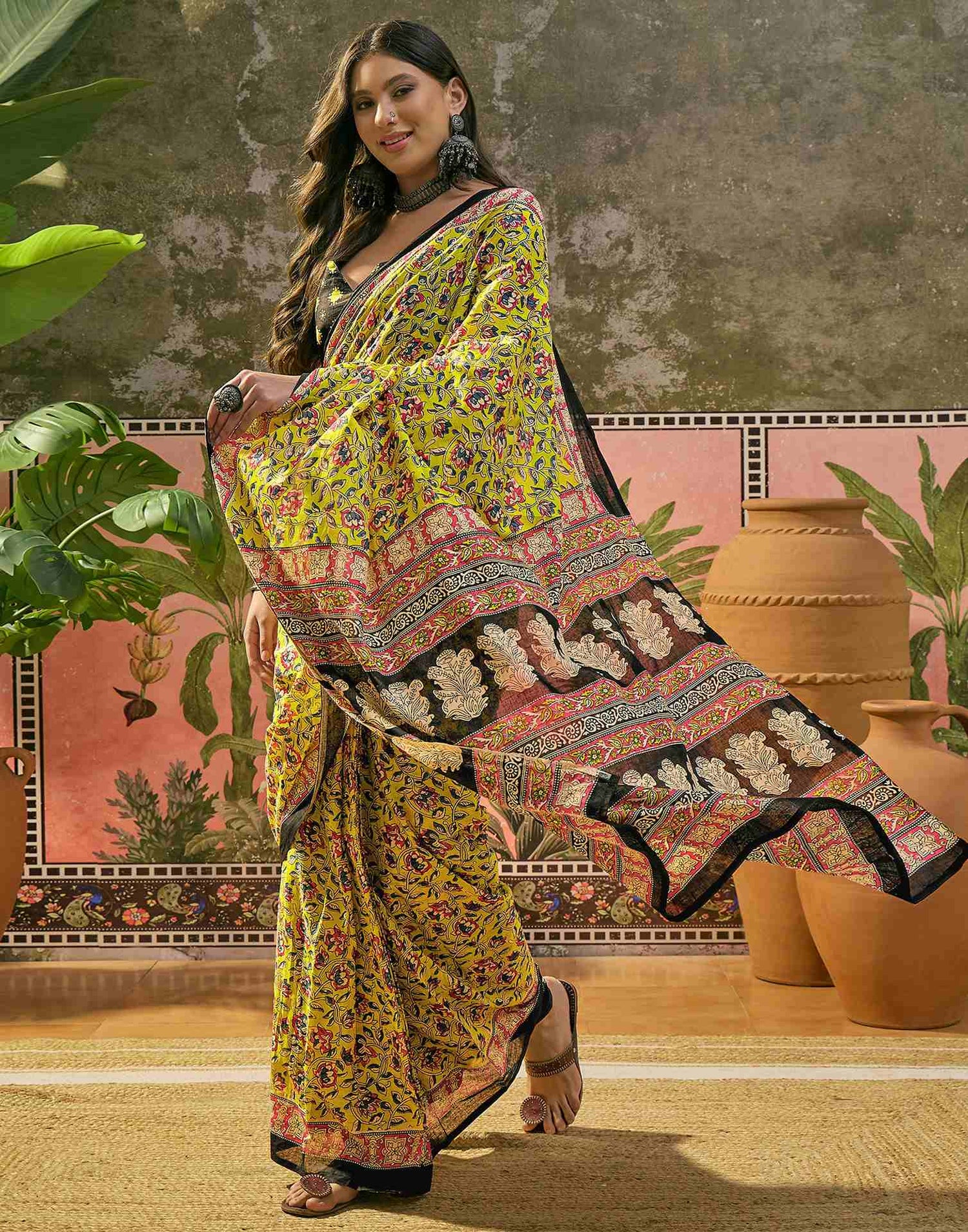 Ready To Wear Lime Yellow Cotton Printed Saree