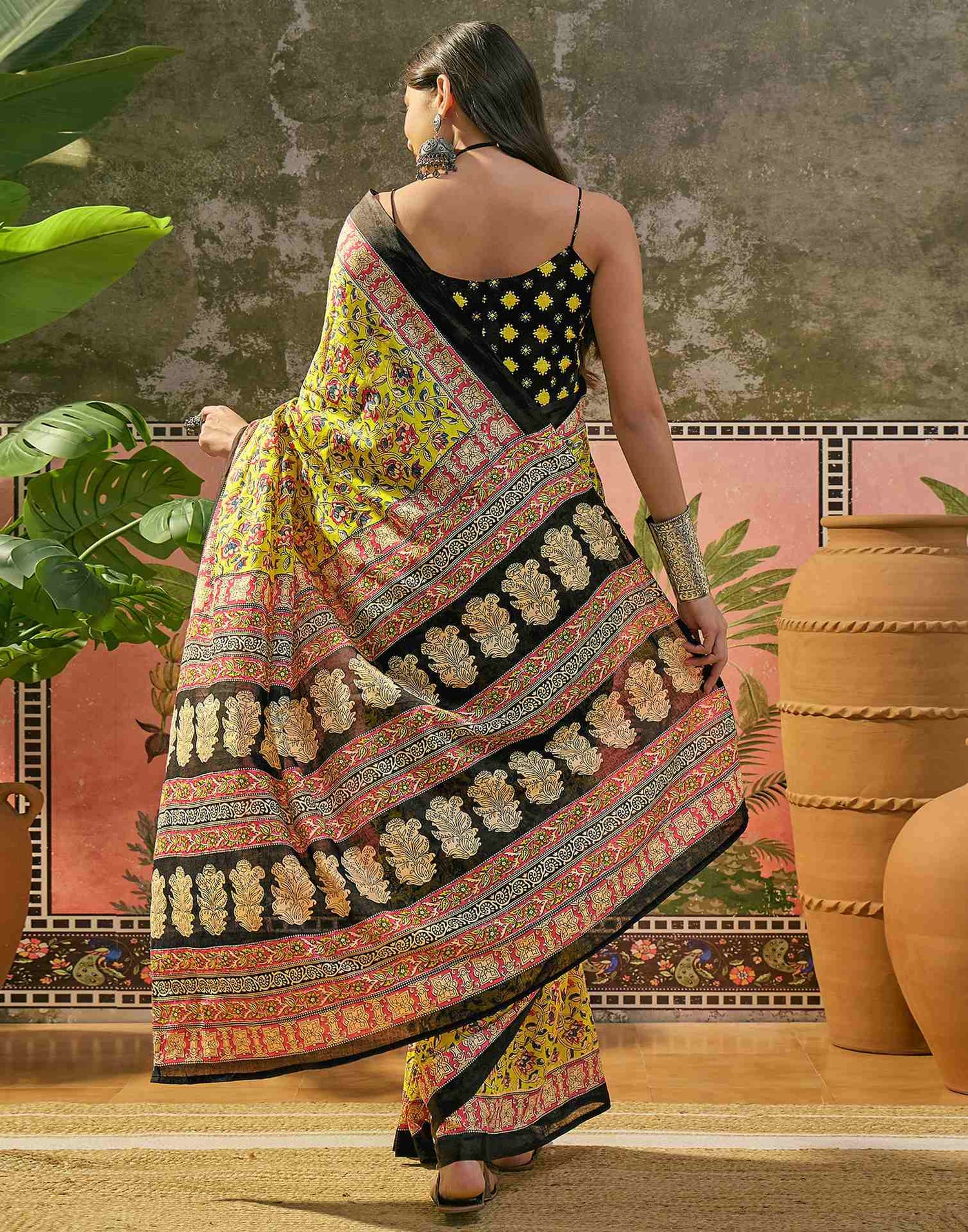 Ready To Wear Lime Yellow Cotton Printed Saree