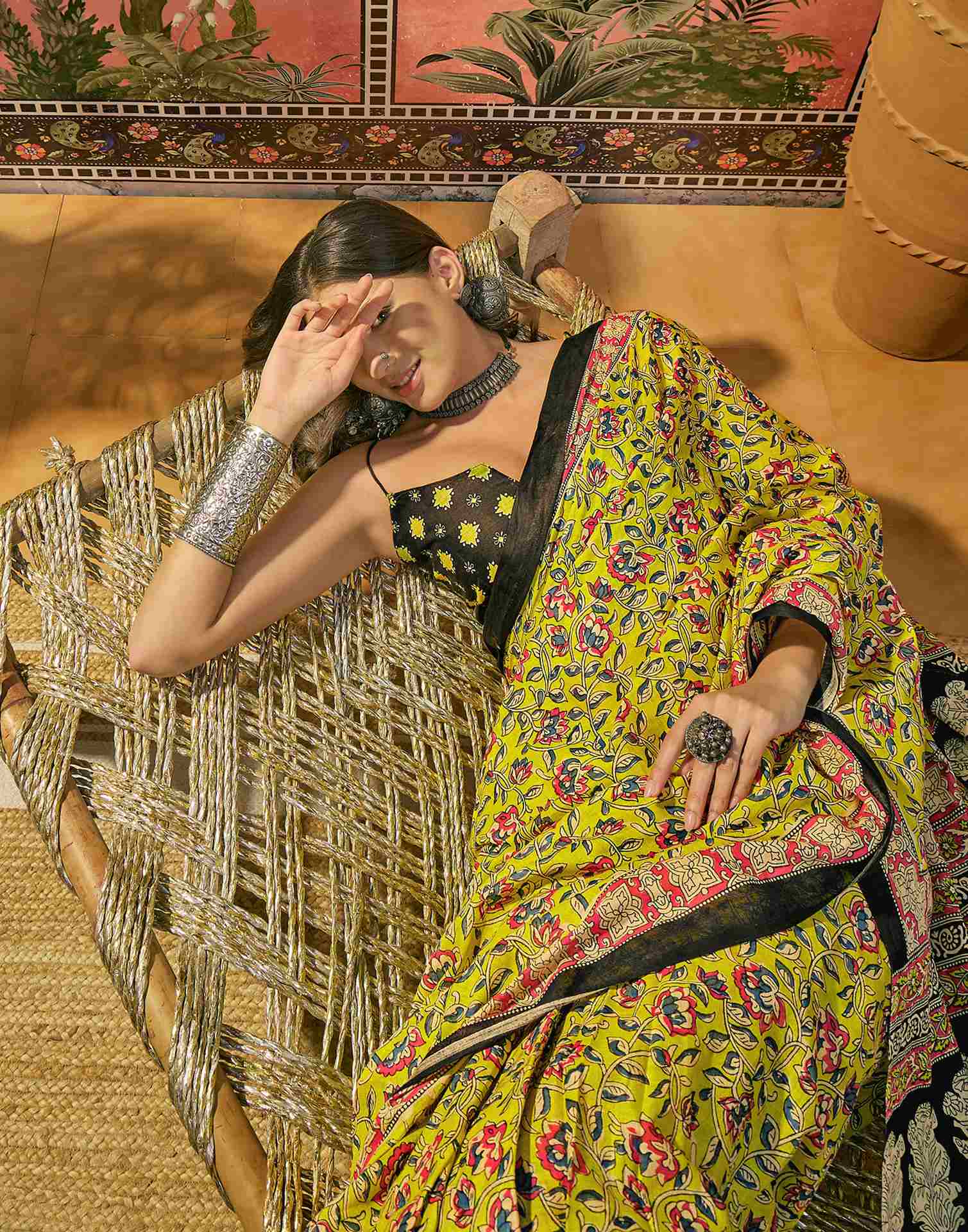 Ready To Wear Lime Yellow Cotton Printed Saree