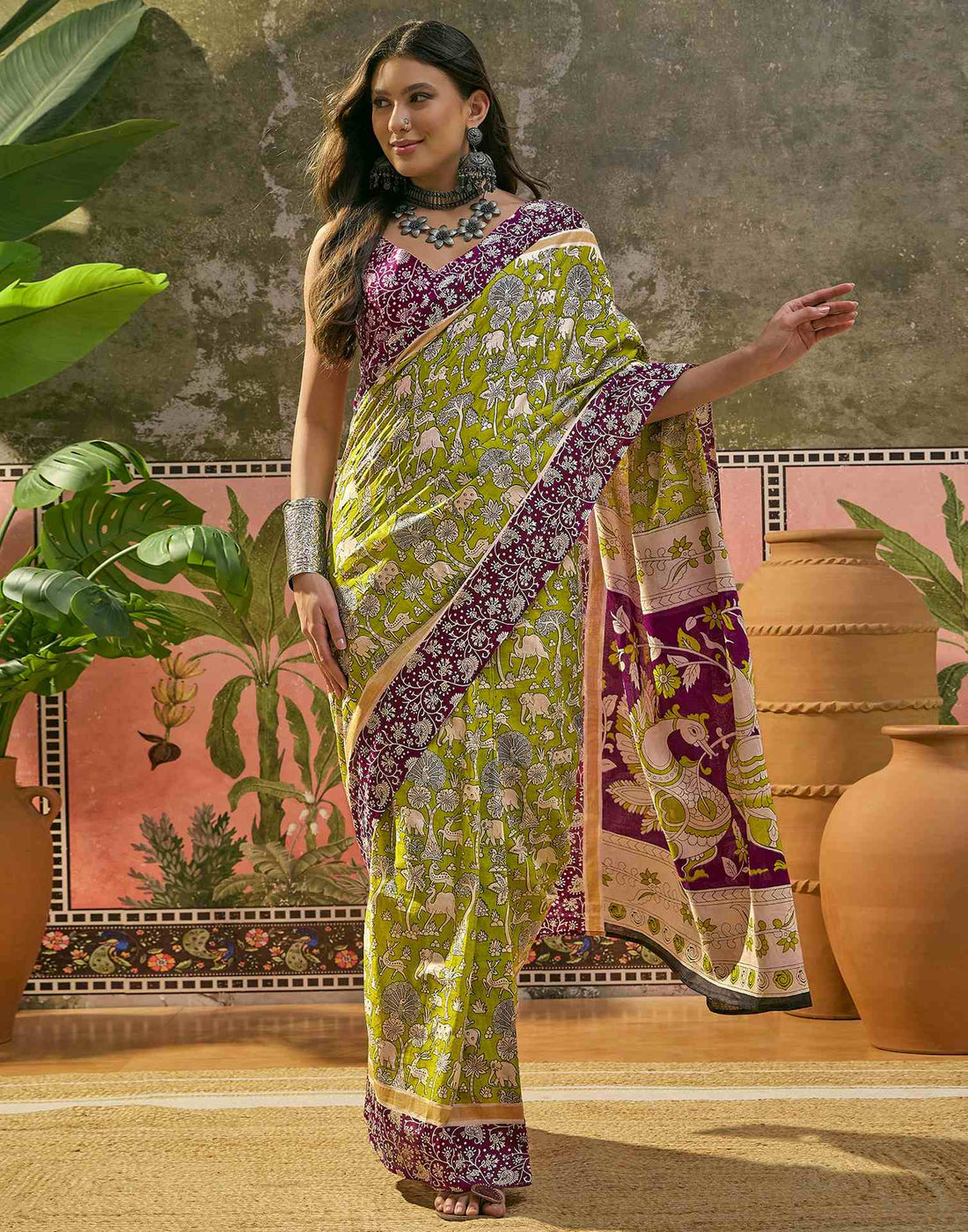 Ready To Wear Lime Green Cotton Printed Saree