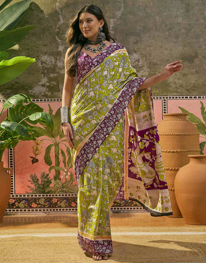 Ready To Wear Lime Green Cotton Printed Saree