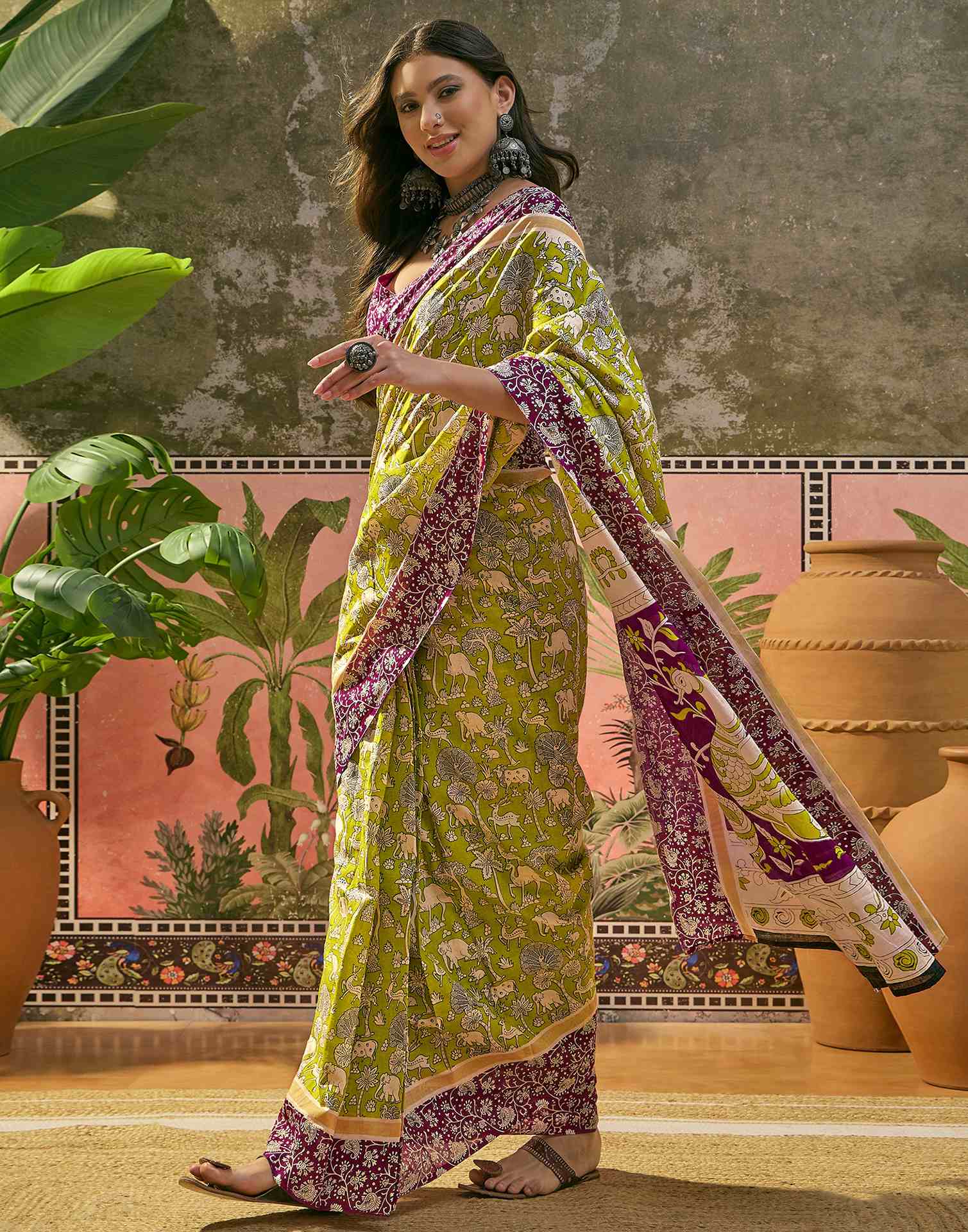 Ready To Wear Lime Green Cotton Printed Saree