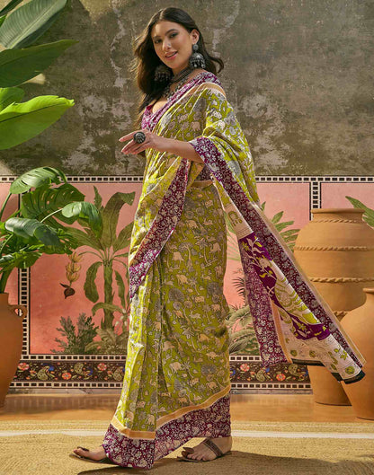 Ready To Wear Lime Green Cotton Printed Saree