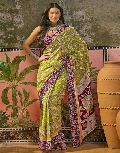 Ready To Wear Lime Green Cotton Printed Saree