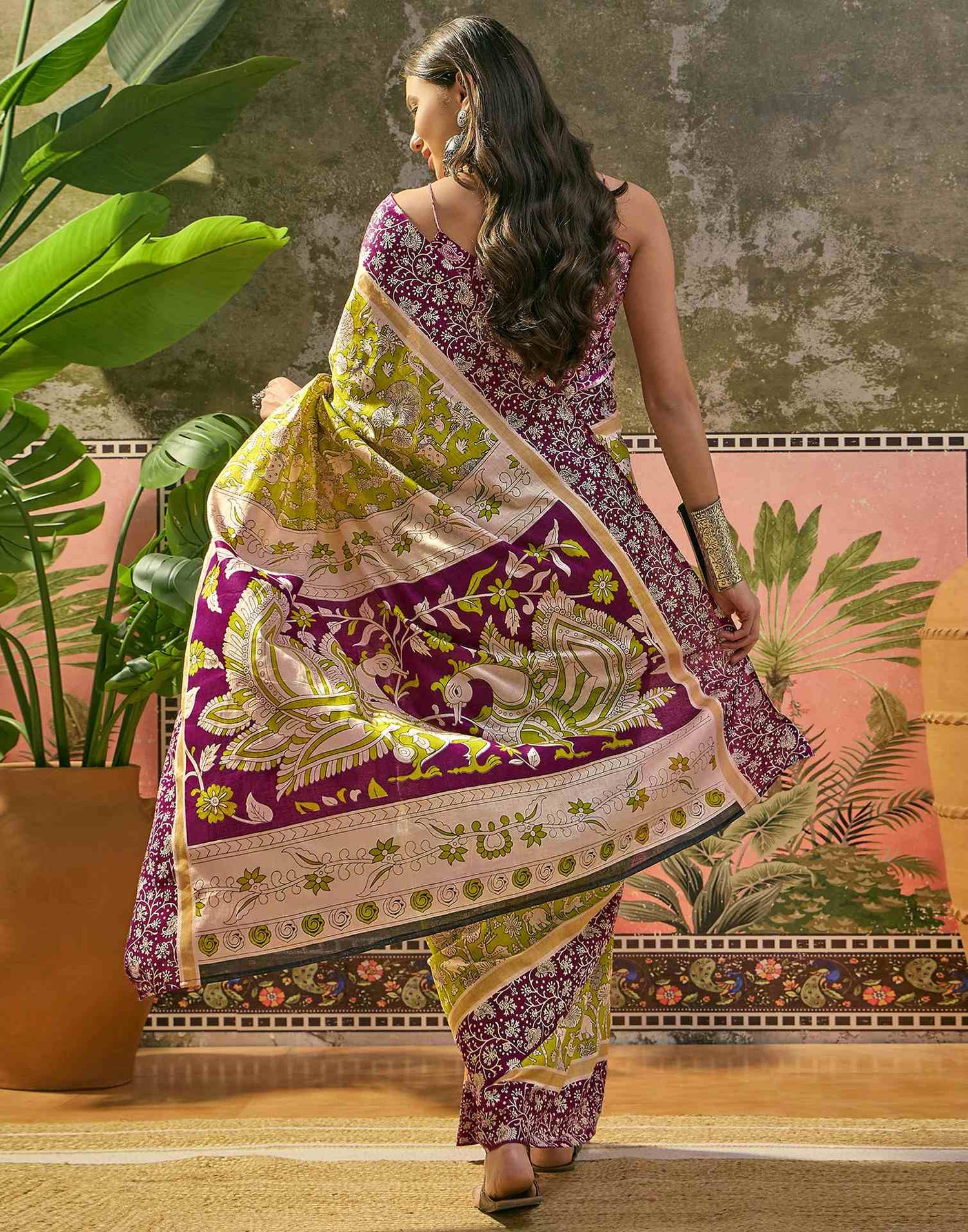 Ready To Wear Lime Green Cotton Printed Saree