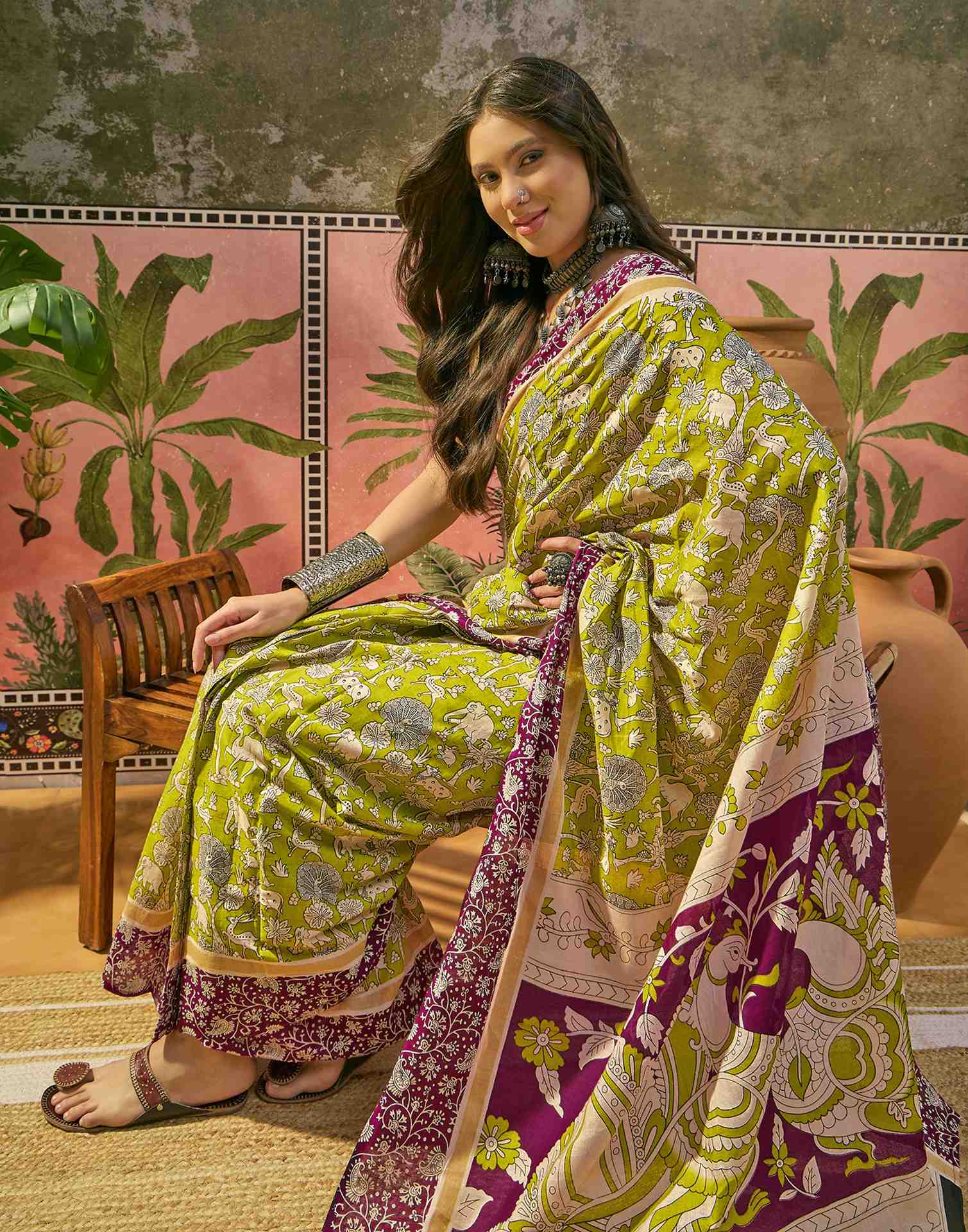 Ready To Wear Lime Green Cotton Printed Saree
