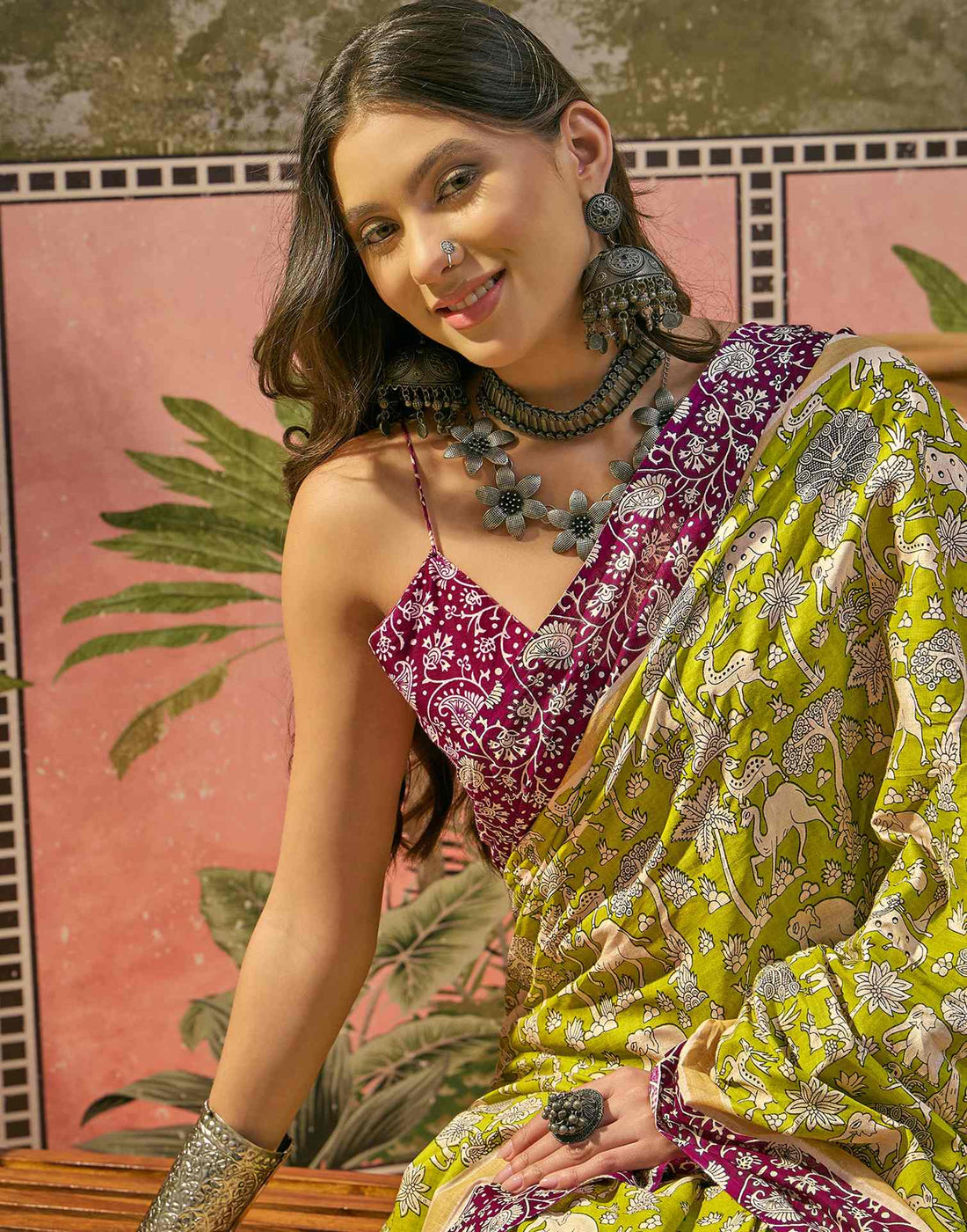 Ready To Wear Lime Green Cotton Printed Saree