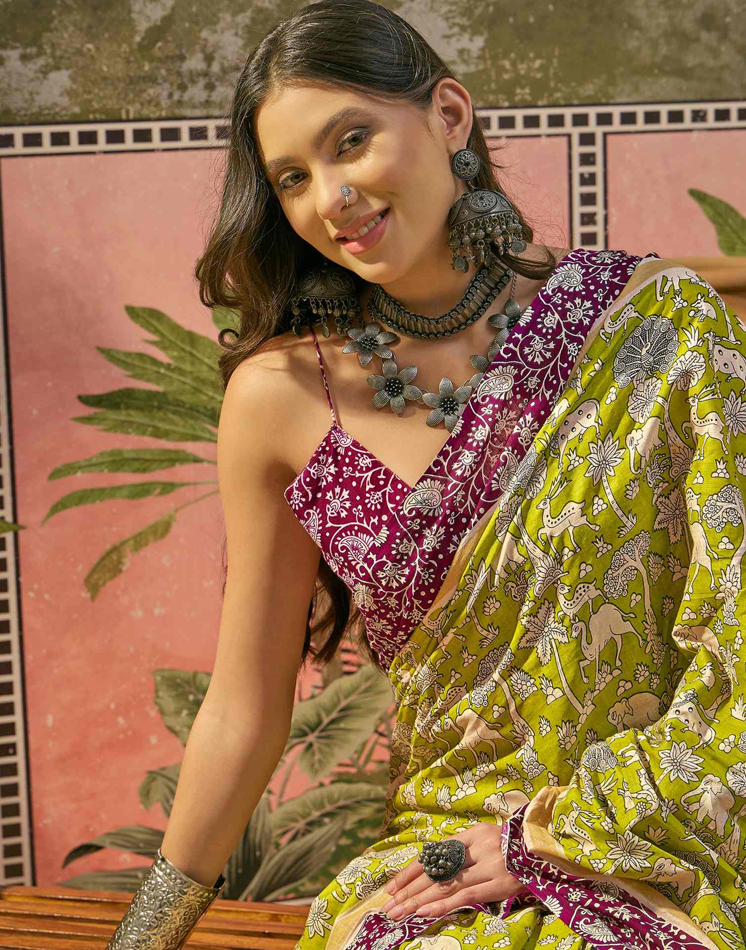 Ready To Wear Lime Green Cotton Printed Saree