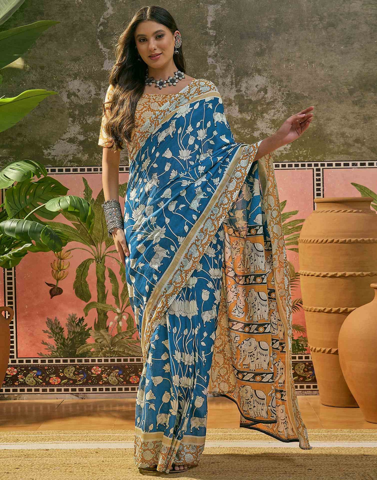 Ready To Wear Blue Cotton Printed Saree