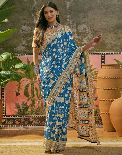 Ready To Wear Blue Cotton Printed Saree
