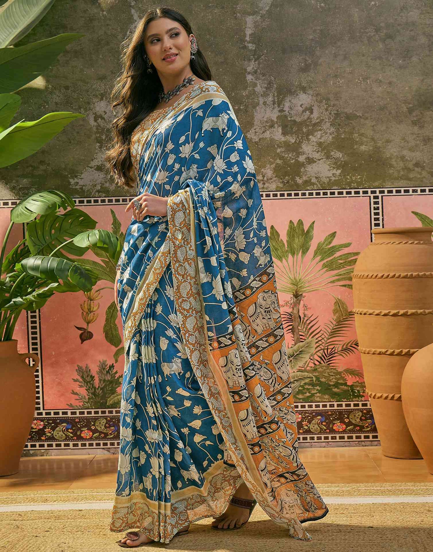 Ready To Wear Blue Cotton Printed Saree