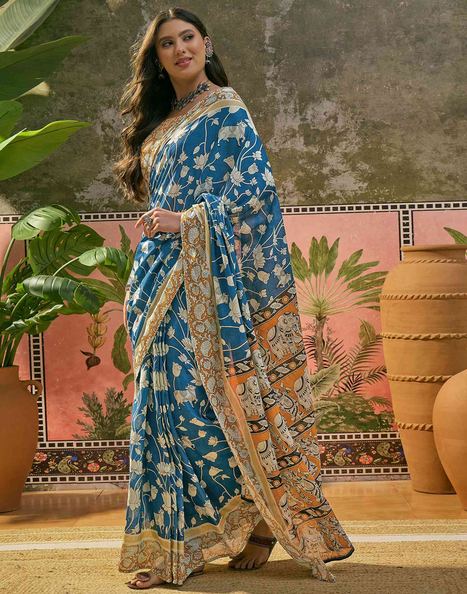 Ready To Wear Blue Cotton Printed Saree