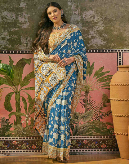 Ready To Wear Blue Cotton Printed Saree