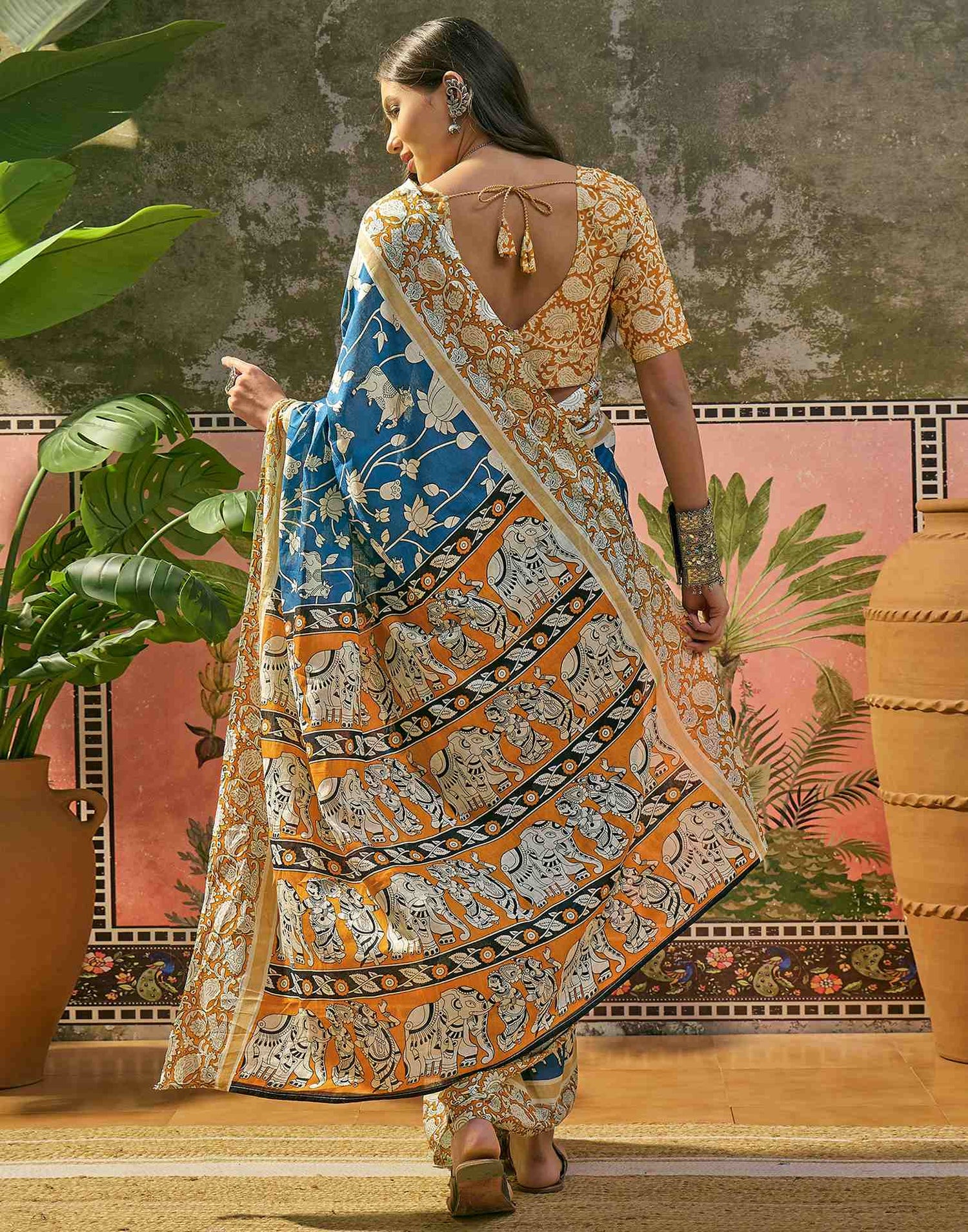 Ready To Wear Blue Cotton Printed Saree